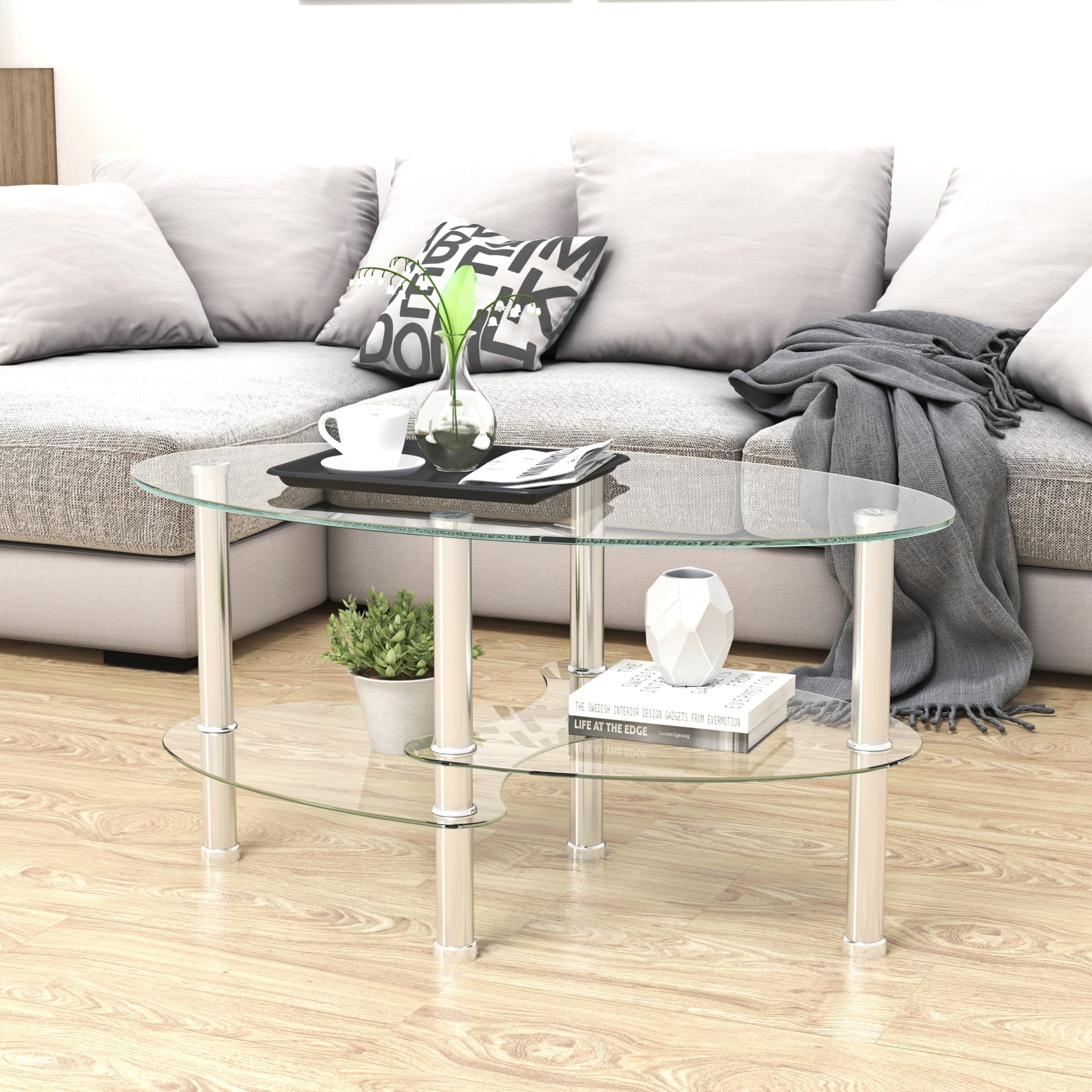 Transparent Oval Glass Coffee Table, Modern Table With Stainless Steel  Leg, Tea Table 3-layer Glass Table For Living Room view 5
