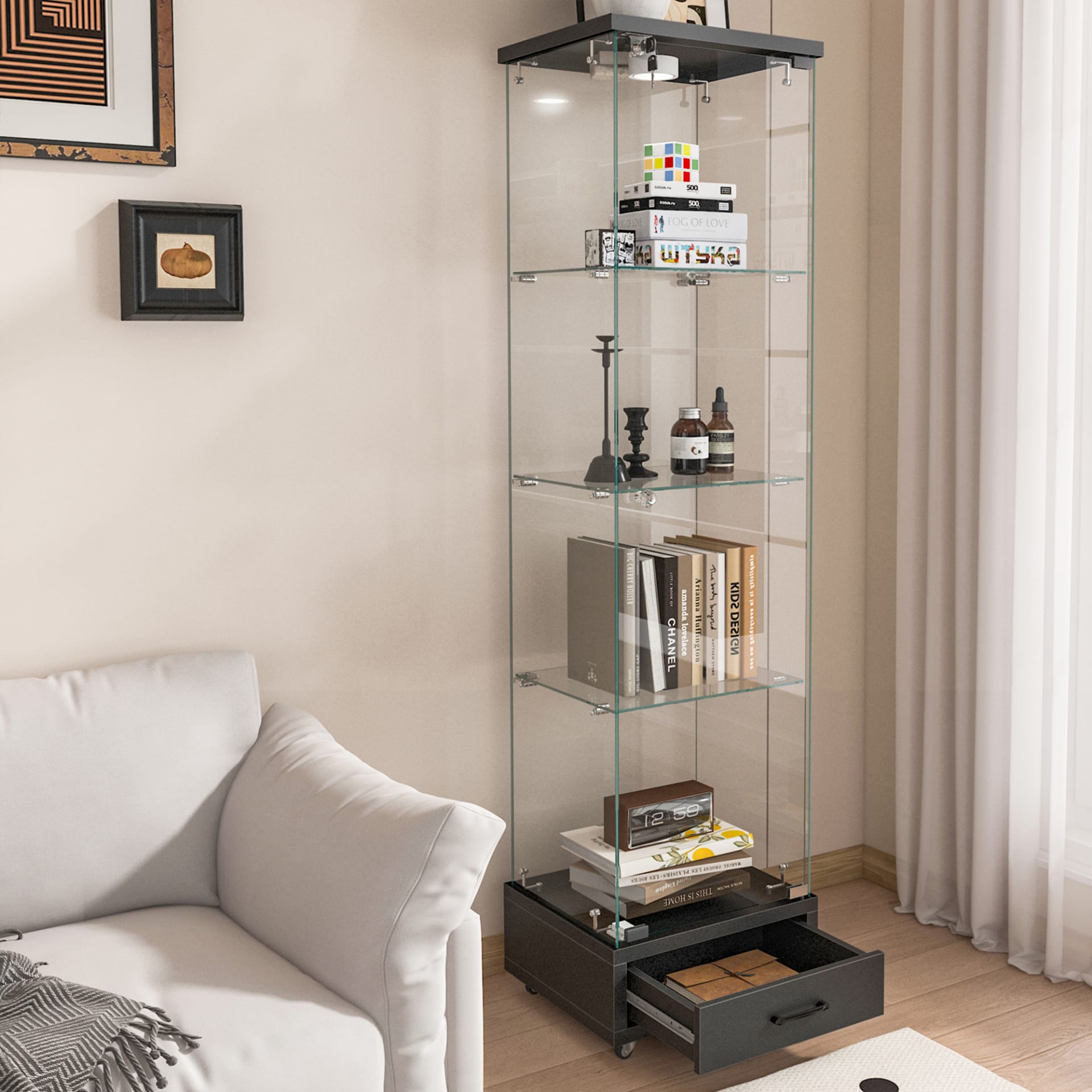 Modern Glass Display Cabinet With Drawer , Quick-assembly Antique Cabinet With LED Lights, Tempered Glass Bookshelf,  1-Door Storage Case With 4 Shelves  For Living Room And Bedroom, Black view 2