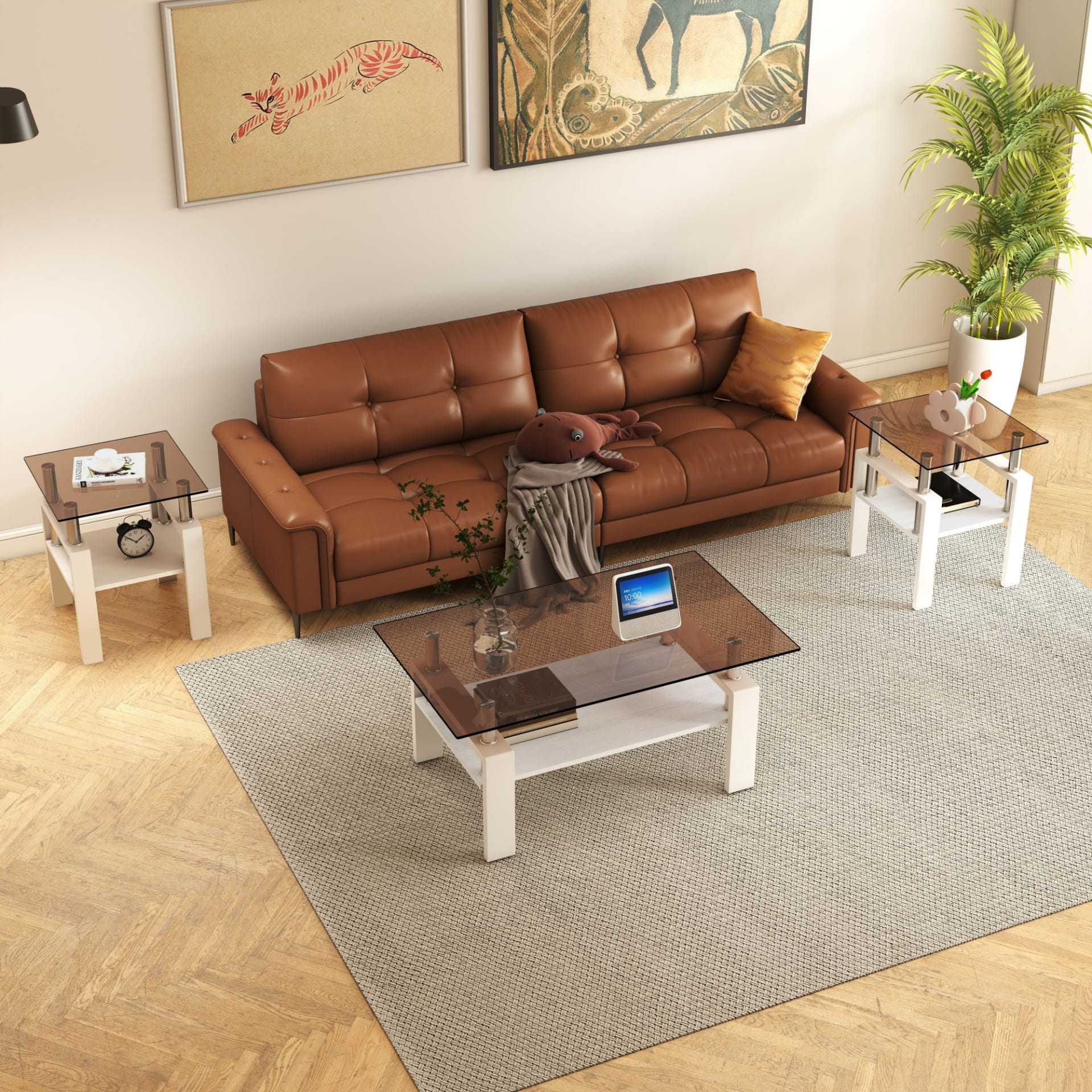 Set Of 2 Modern Tempered Glass Tea Table ,Tempered Glass Tabletop With MDF Layer,Coffee Table,End Table, Square Table For Living Room, Brown White view 3