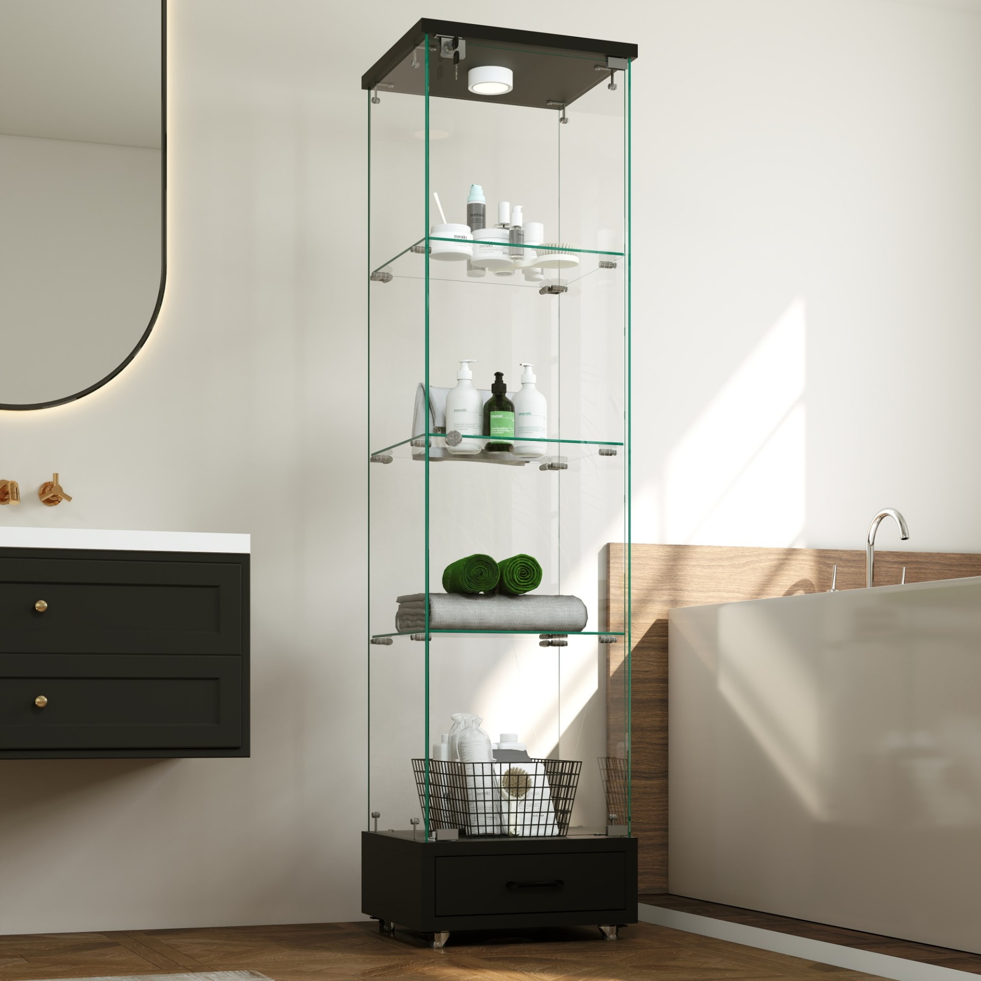 Modern Glass Display Cabinet With Drawer , Quick-assembly Antique Cabinet With LED Lights, Tempered Glass Bookshelf,  1-Door Storage Case With 4 Shelves  For Living Room And Bedroom, Black view 3