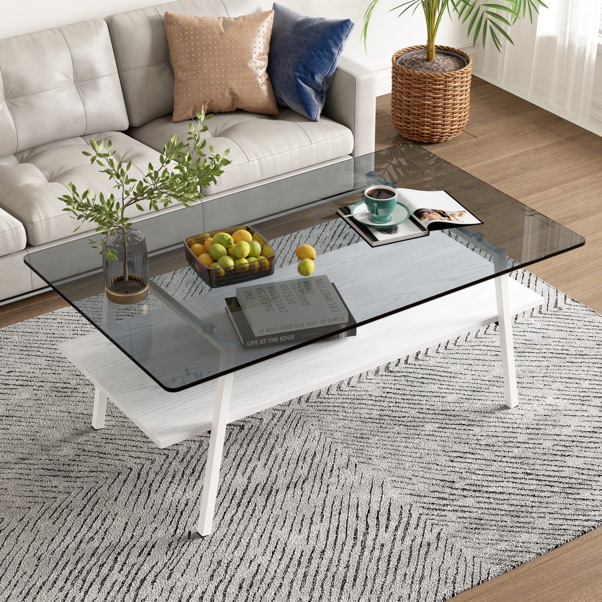 Rectangle Coffee Table, Tempered Glass Tabletop With White Metal Legs, Modern Table For Living Room , Gray Glass