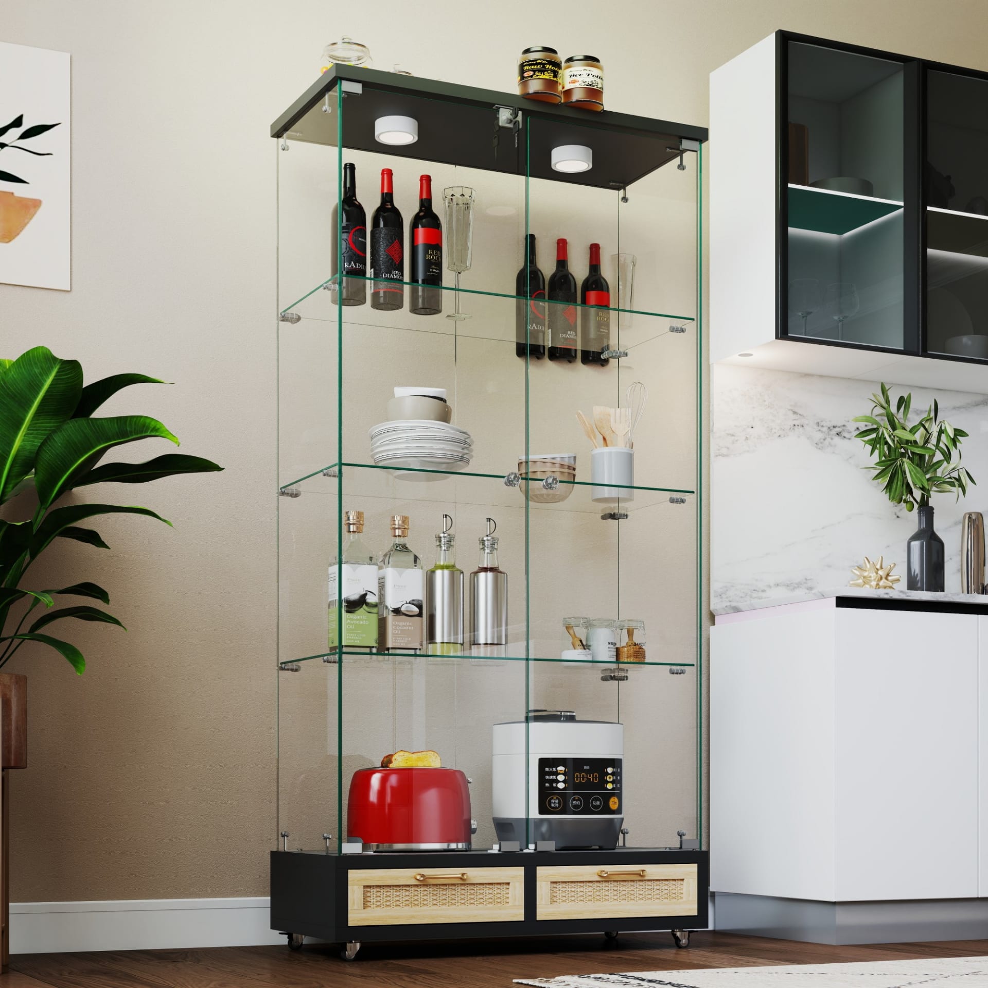 Modern Glass Display Cabinet With Large Drawers,Quick-assembly Antique Cabinet With LED Lights,Tempered Glass Bookshelf,2-Door Storage Case With 4 Shelves For Living Room And Bedroom,black And Natural