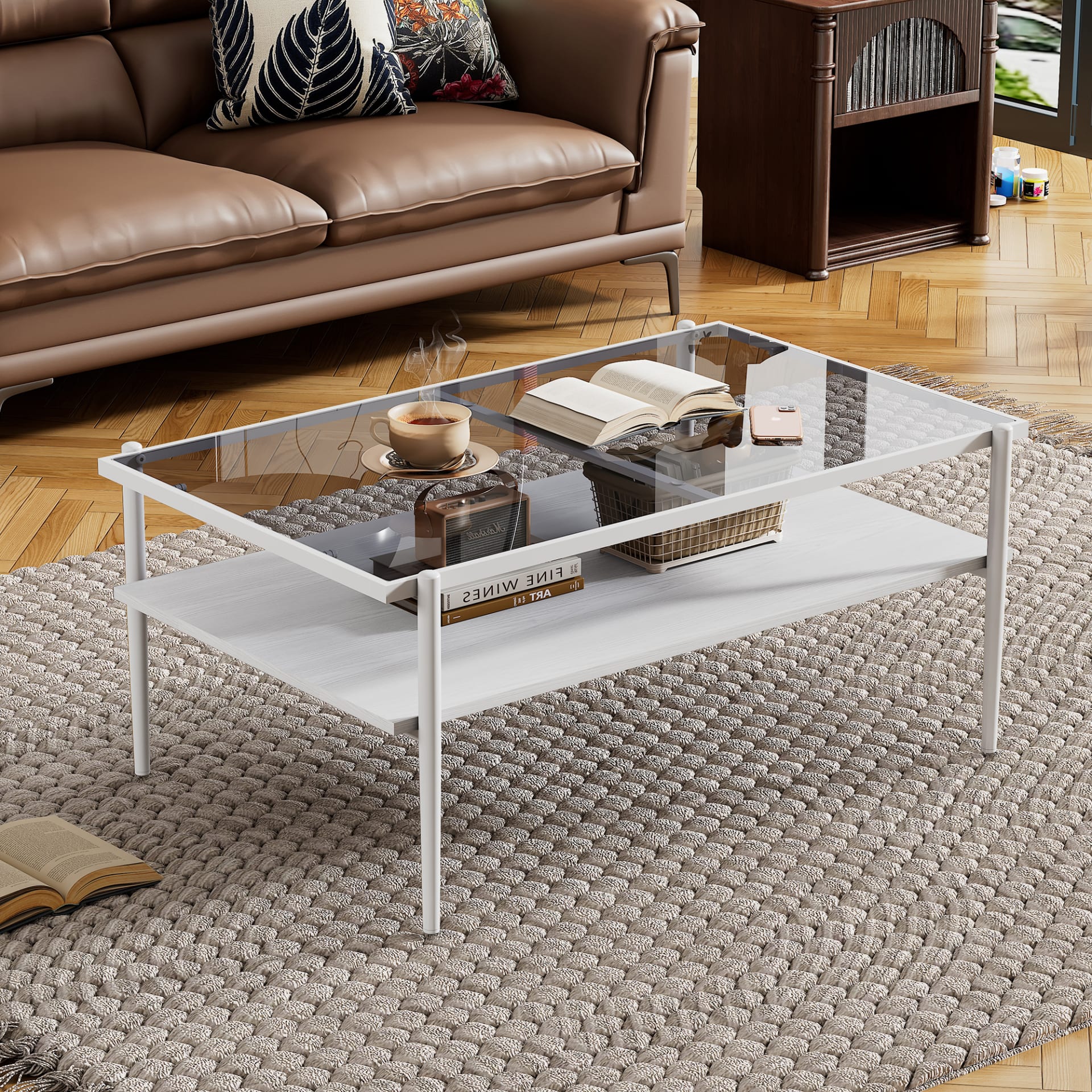 Coffee Table And End Tables Set Of 3, Tempered Glass Table With MDF Layer, Modern Tables For Living Room , Gray Glass view 2