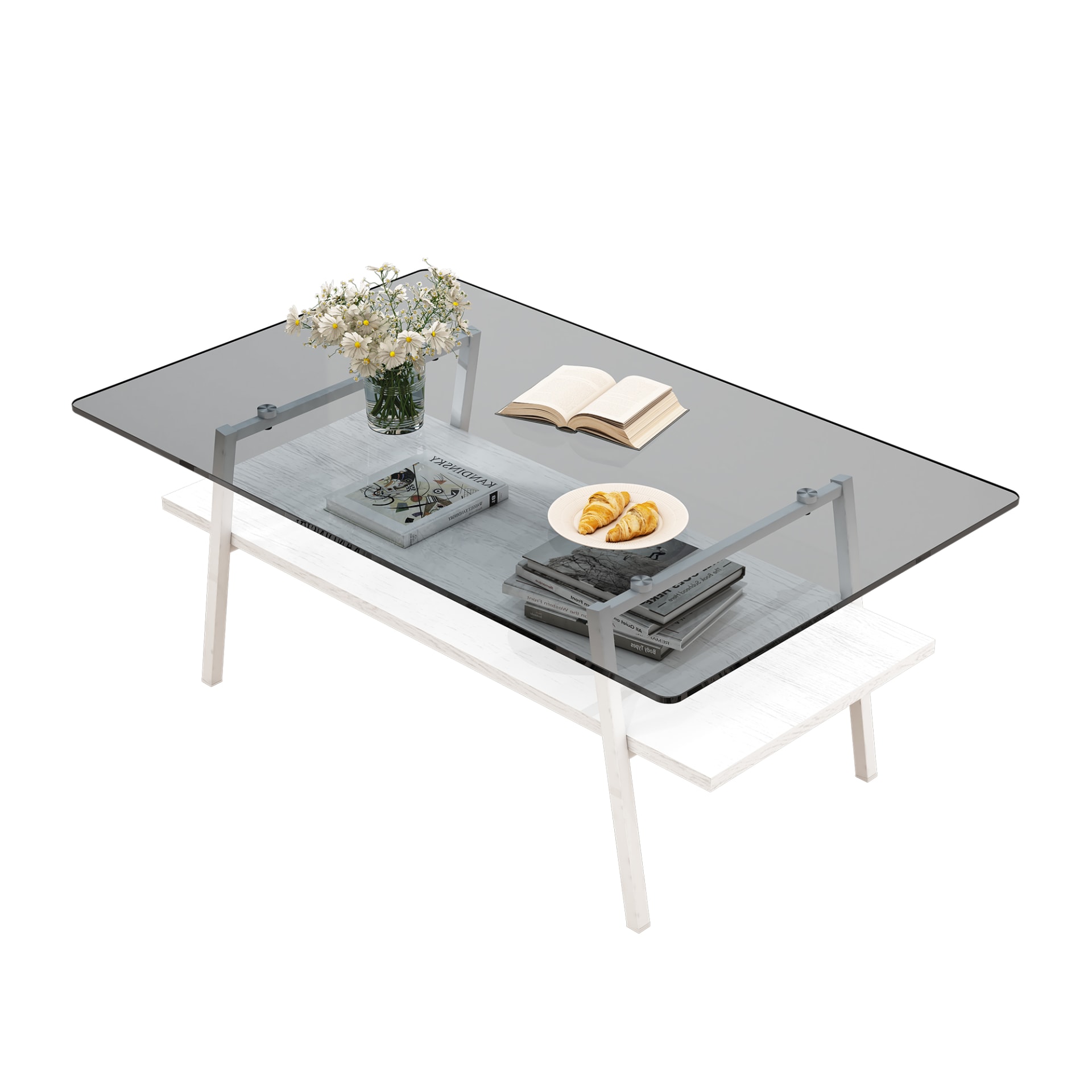 Rectangle Coffee Table, Tempered Glass Tabletop With White Metal Legs, Modern Table For Living Room , Gray Glass view 4