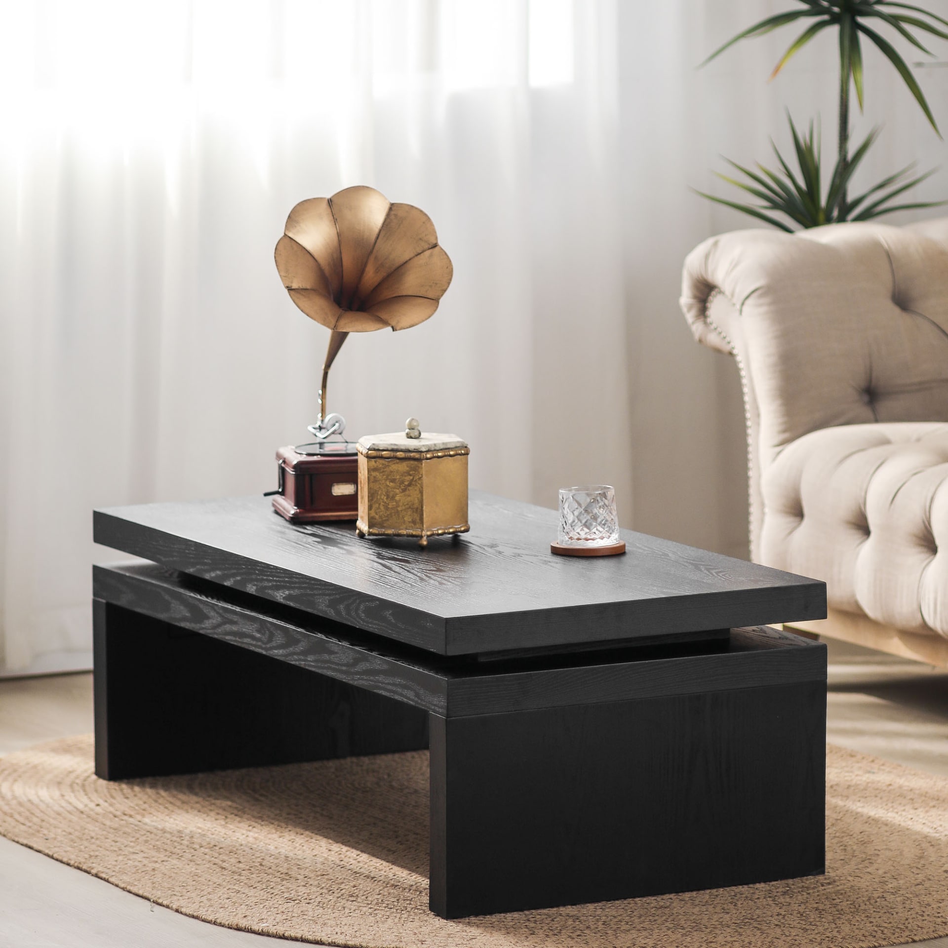 Modern Black Wood Coffee Table  Sleek Floating Top Design For Living Room 47.6  Lx23.6  W X16.3  H view 4