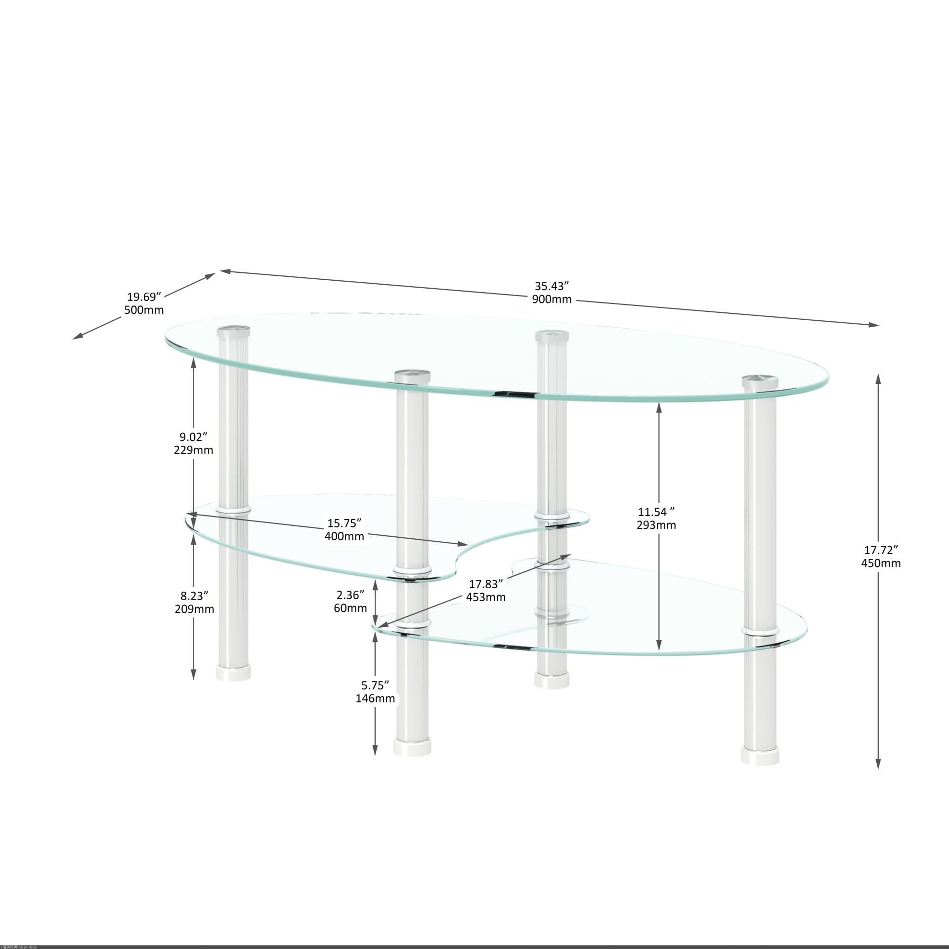 Transparent Oval Glass Coffee Table, Modern Table With Stainless Steel  Leg, Tea Table 3-layer Glass Table For Living Room view 3