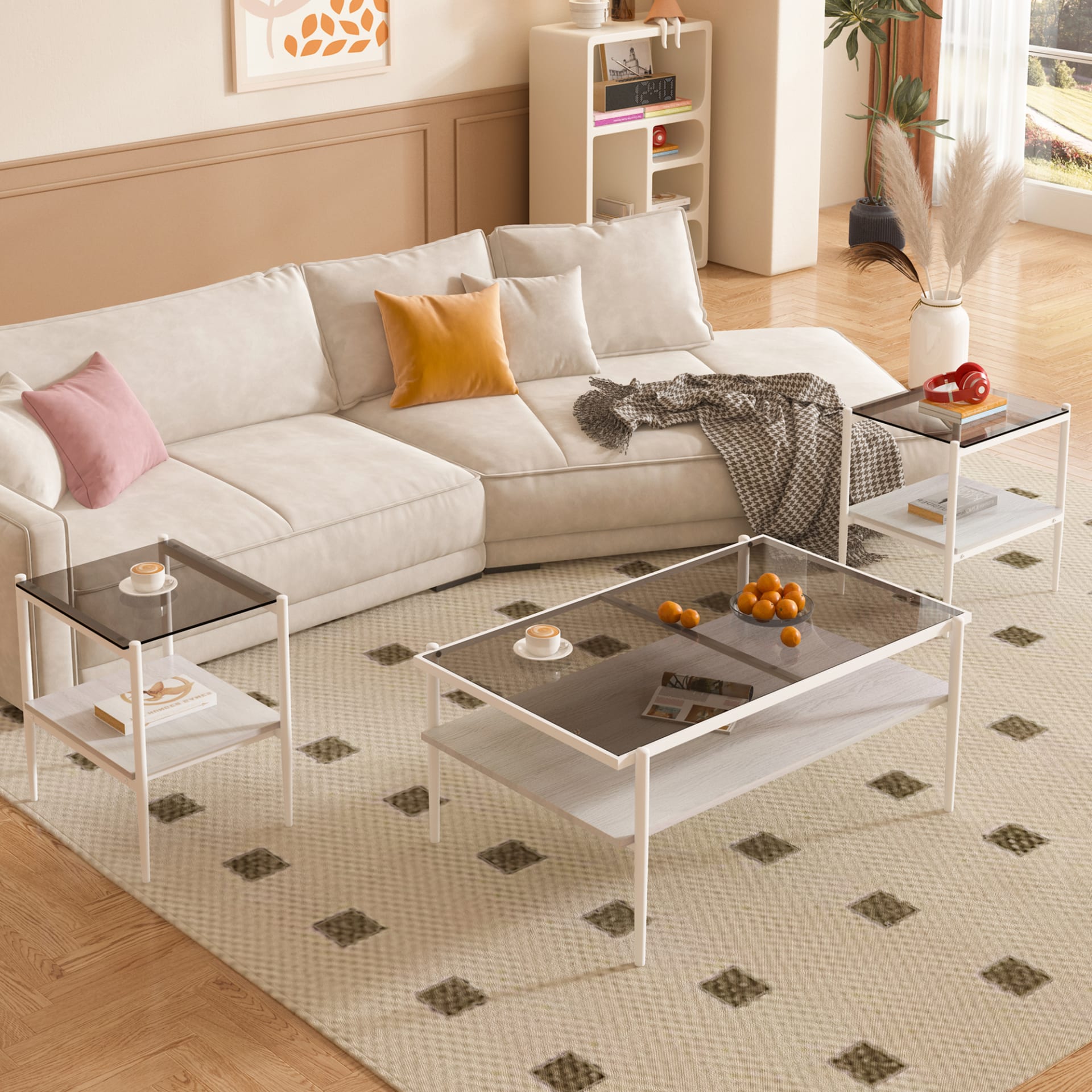 Coffee Table And End Tables Set Of 3, Tempered Glass Table With MDF Layer, Modern Tables For Living Room , Gray Glass view 3