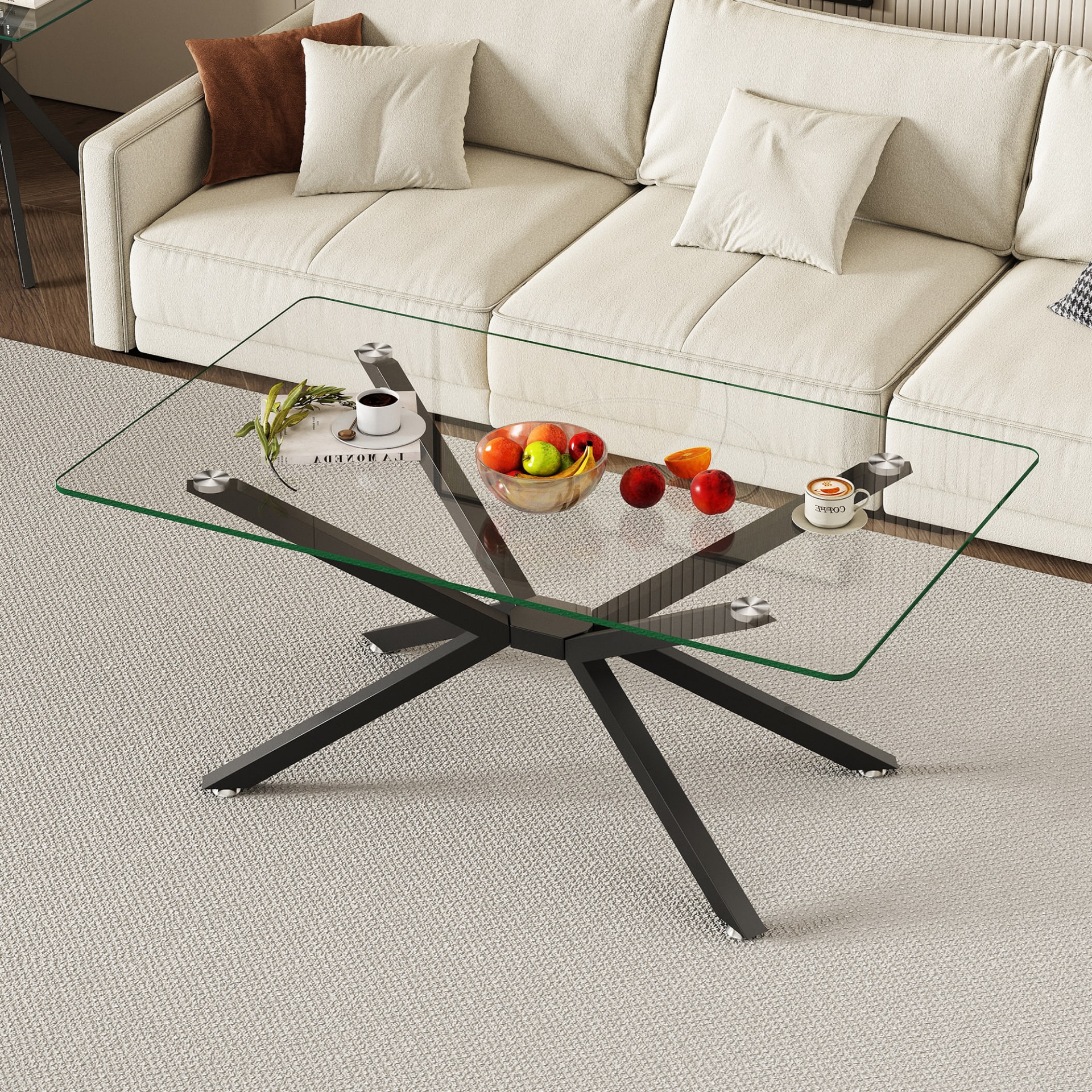 39.37 Rectangular Clear Tempered Glass Coffee Table,Stylish Design With Black Metal Legs, Coffee Table For Living Room