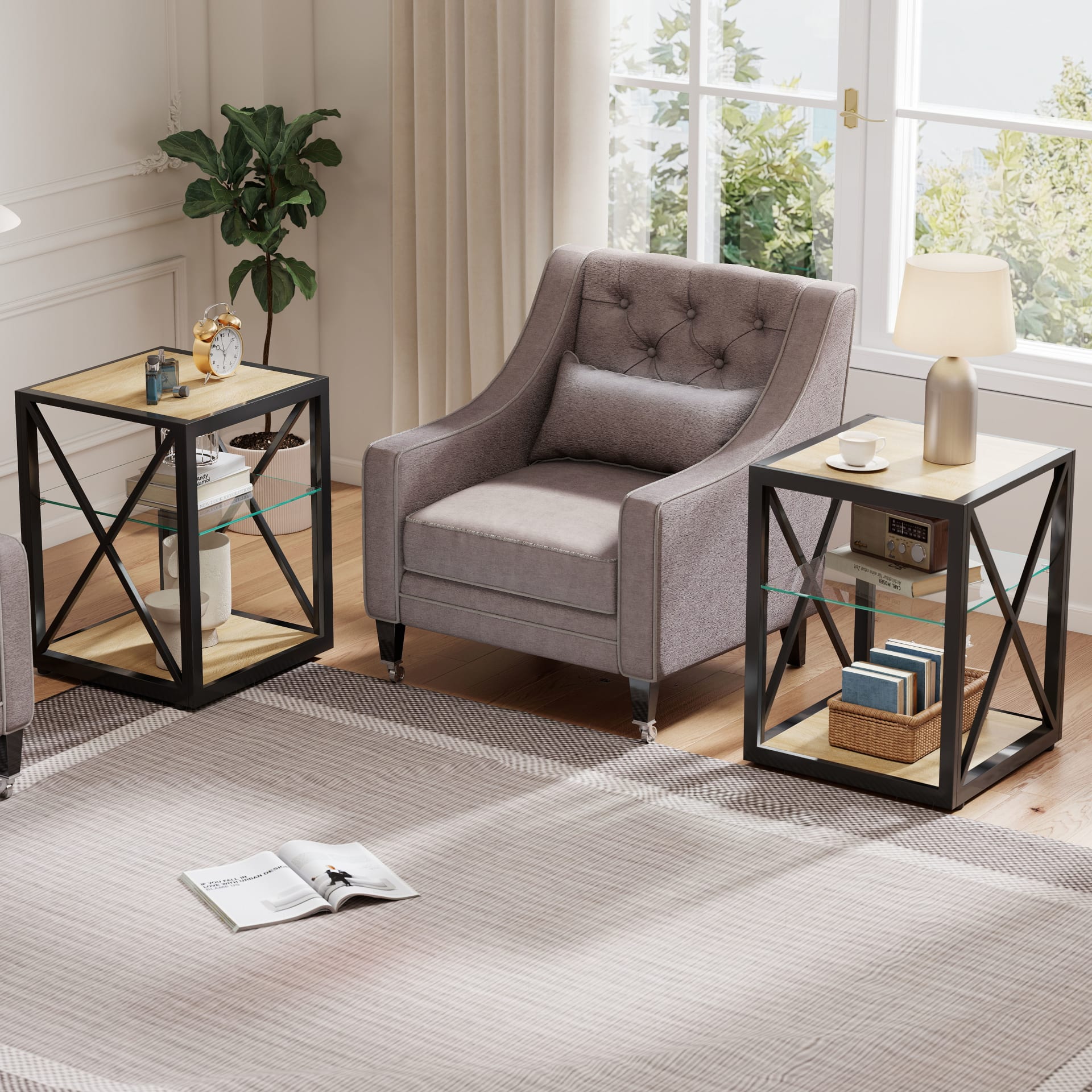 Set Of 2 Modern End Table Nightstand For Bedroom & Living Room, Tempered Glass & Natural Wood MDF Top , Industrial Style Side Table view 5