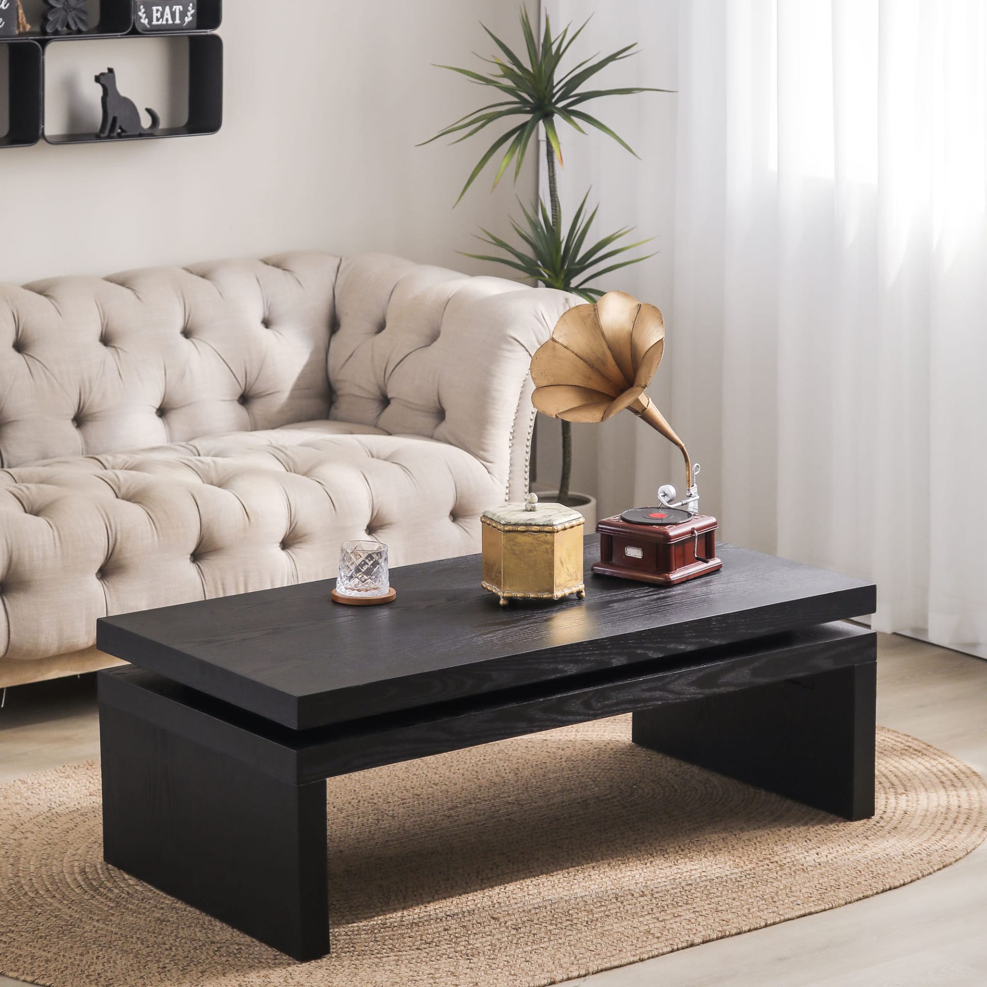 Modern Black Wood Coffee Table  Sleek Floating Top Design For Living Room 47.6  Lx23.6  W X16.3  H view 5