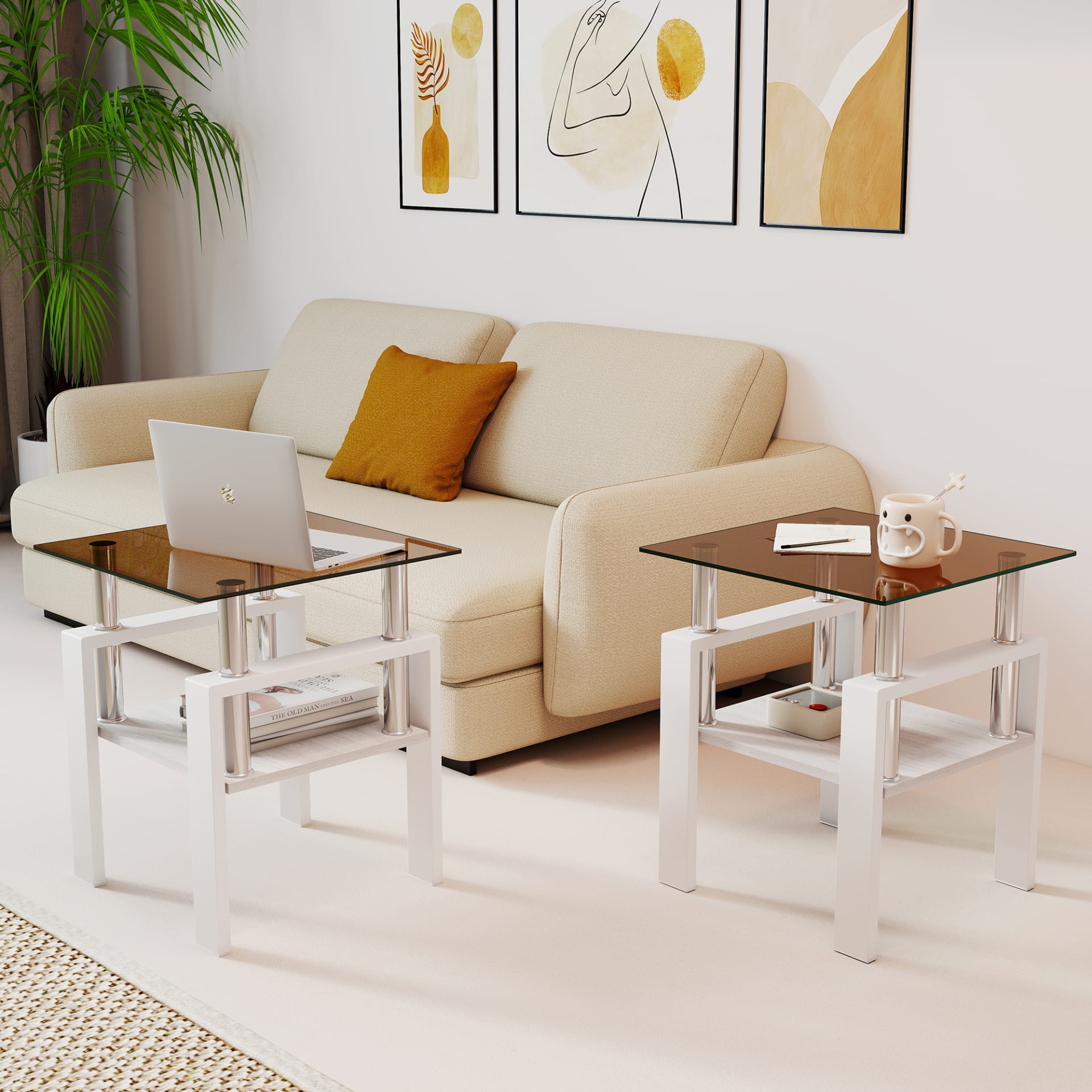 Set Of 2 Modern Tempered Glass Tea Table ,Tempered Glass Tabletop With MDF Layer,Coffee Table,End Table, Square Table For Living Room, Brown White view 5