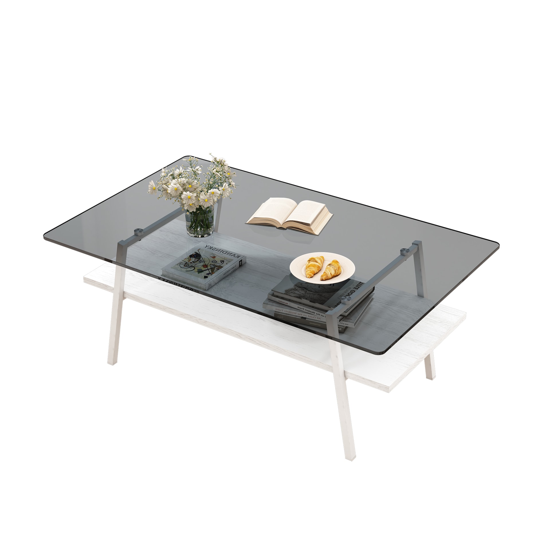Rectangle Coffee Table, Tempered Glass Tabletop With White Metal Legs, Modern Table For Living Room , Gray Glass view 5