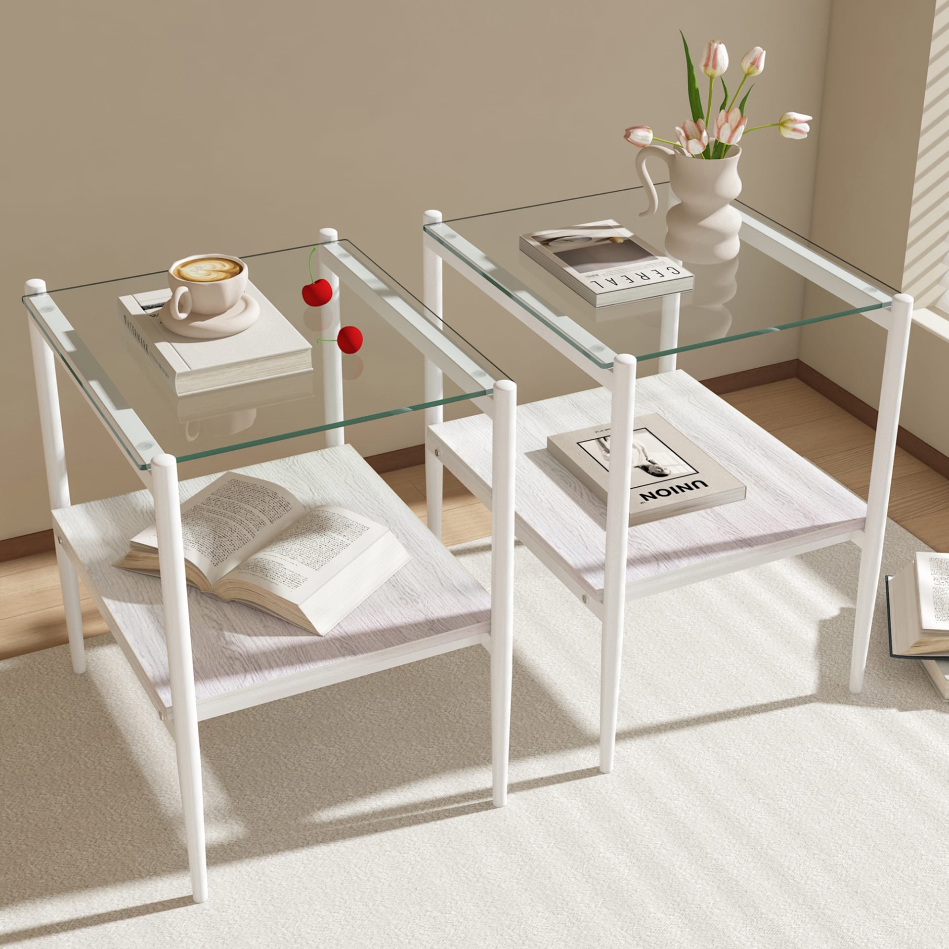 Set Of 2 Rectangle End Table, Tempered Glass Tabletop With MDF Layer, Modern Table For Living Room , Transparent Glass view 4