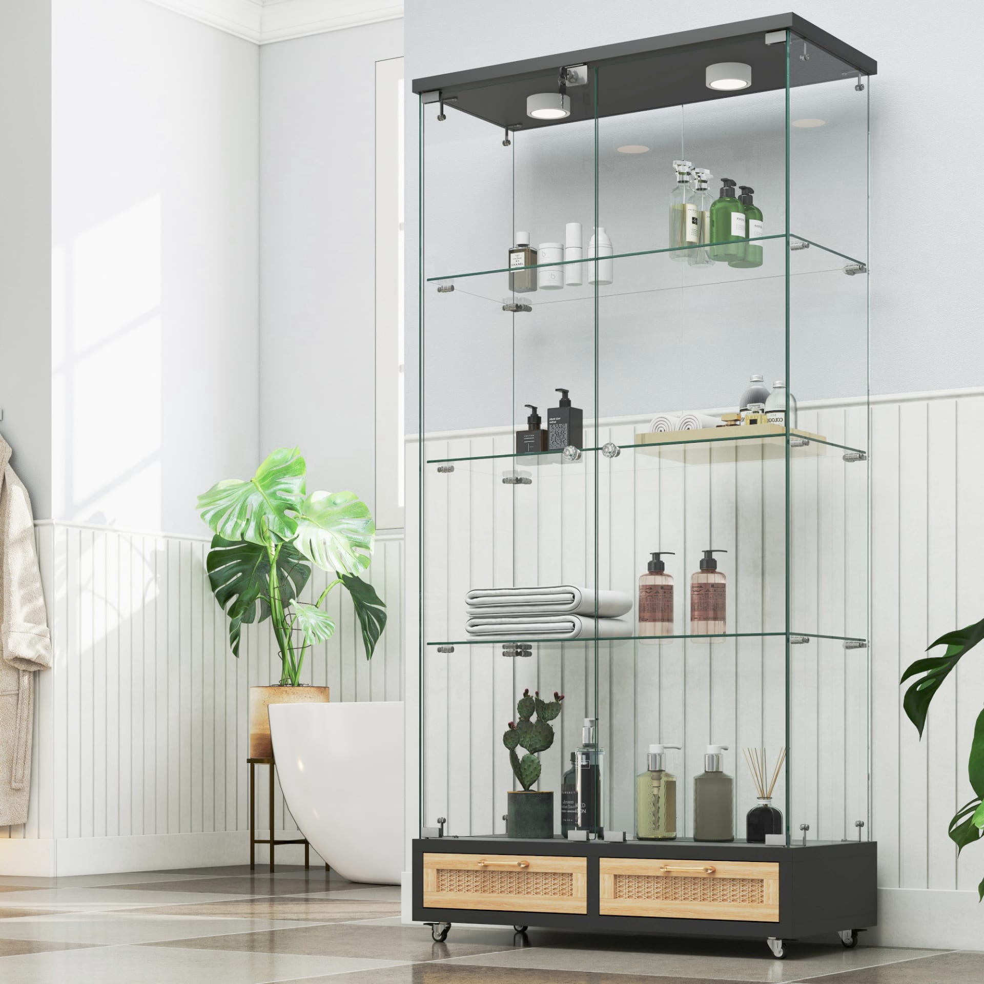 Modern Glass Display Cabinet With Large Drawers,Quick-assembly Antique Cabinet With LED Lights,Tempered Glass Bookshelf,2-Door Storage Case With 4 Shelves For Living Room And Bedroom,black And Natural view 3