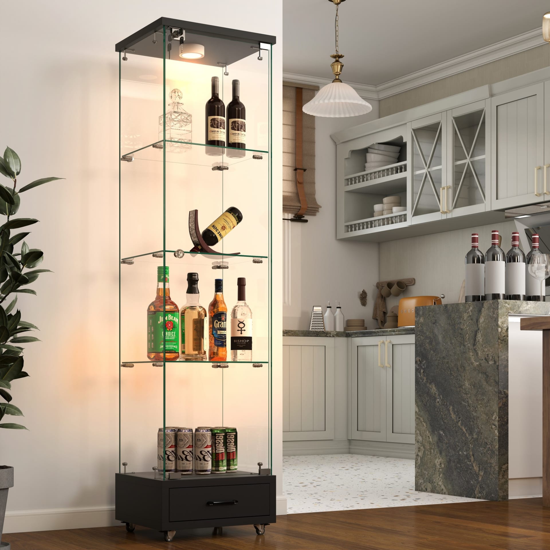 Modern Glass Display Cabinet With Drawer , Quick-assembly Antique Cabinet With LED Lights, Tempered Glass Bookshelf,  1-Door Storage Case With 4 Shelves  For Living Room And Bedroom, Black view 4