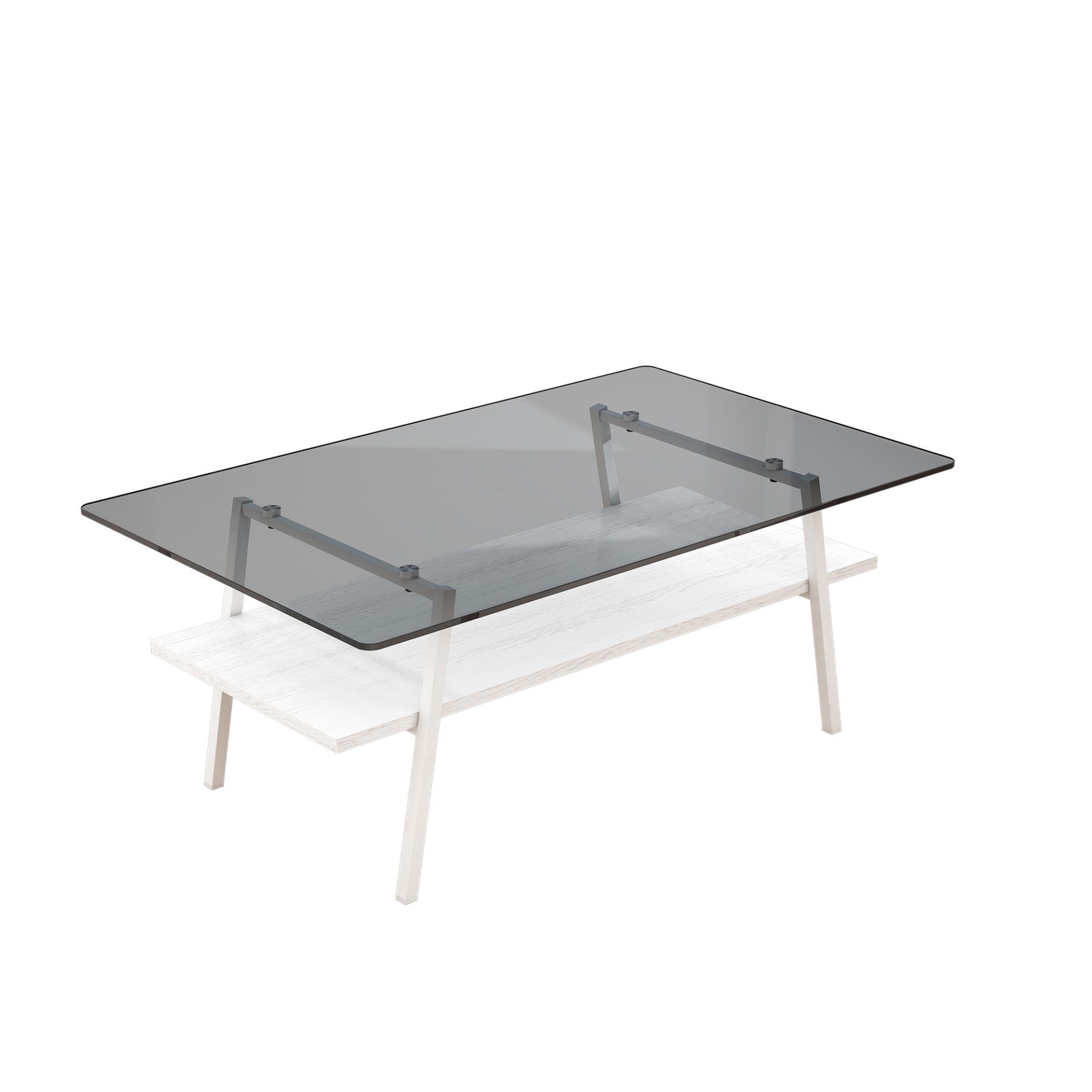 Rectangle Coffee Table, Tempered Glass Tabletop With White Metal Legs, Modern Table For Living Room , Gray Glass view 3