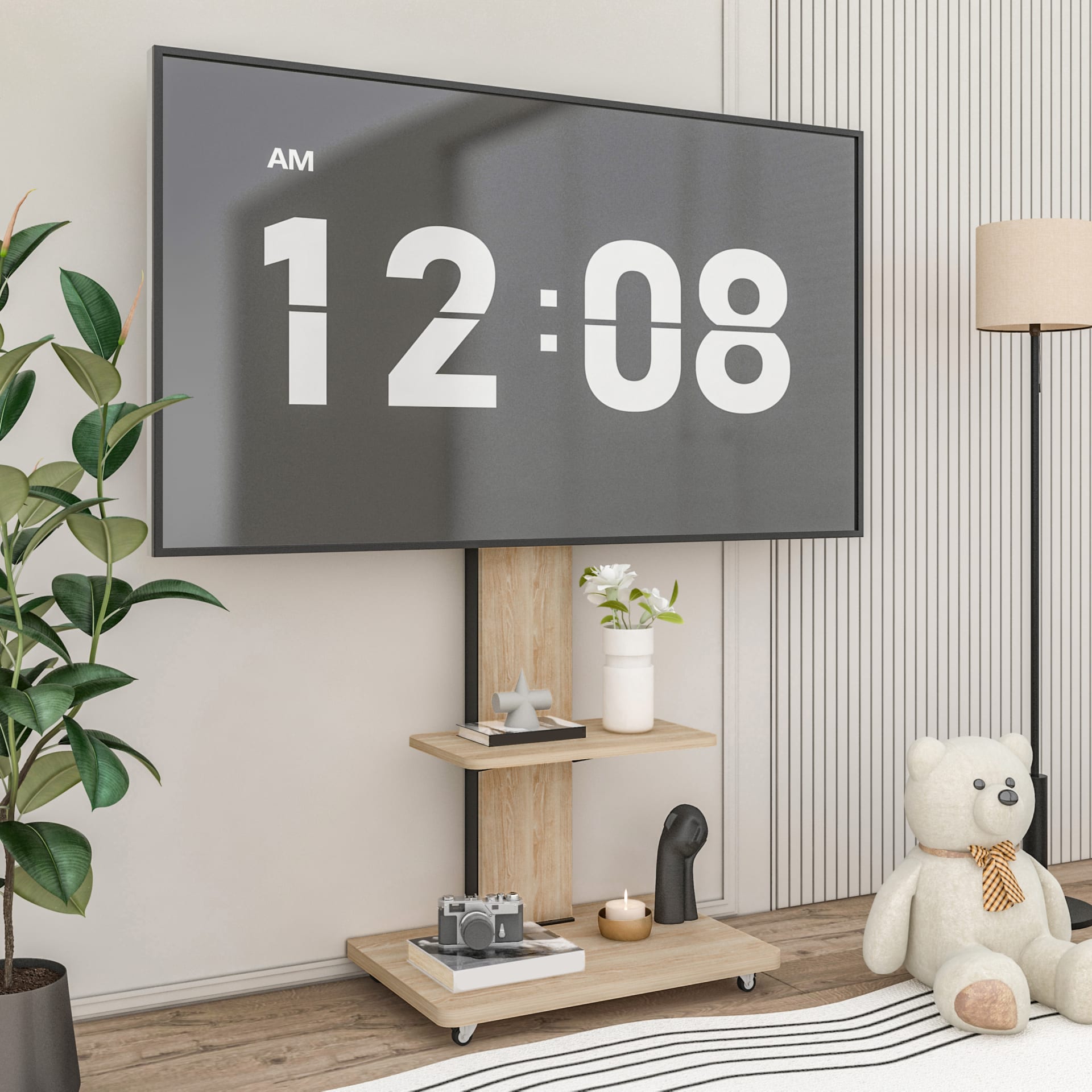 TV Stand With Shelf For Living Room, Bedroom,Offices,Mobile TV Cart For 32-75 Inches,Floor Stand With Mount On Lockable Wheels,Natural view 1