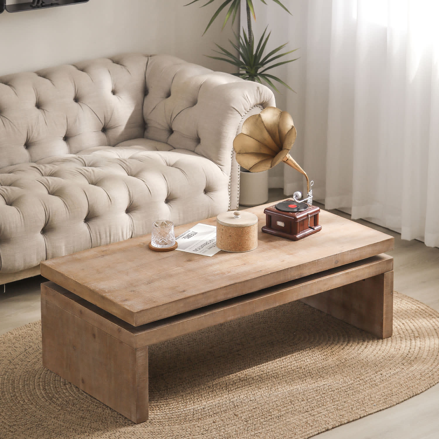 Modern Rustic Wood Coffee Table  Rectangular Living Room Center Table With Floating Top Design 47.6  L X 23.6  W X16.3  H view 5