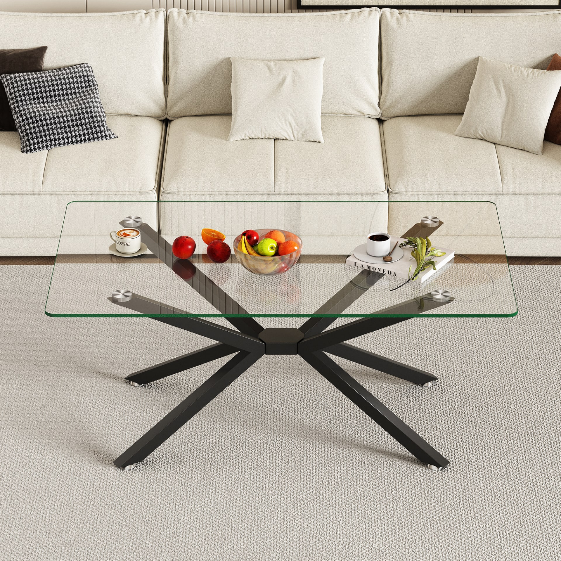 39.37  Rectangular Clear Tempered Glass Coffee Table,Stylish Design With Black Metal Legs, Coffee Table For Living Room view 5