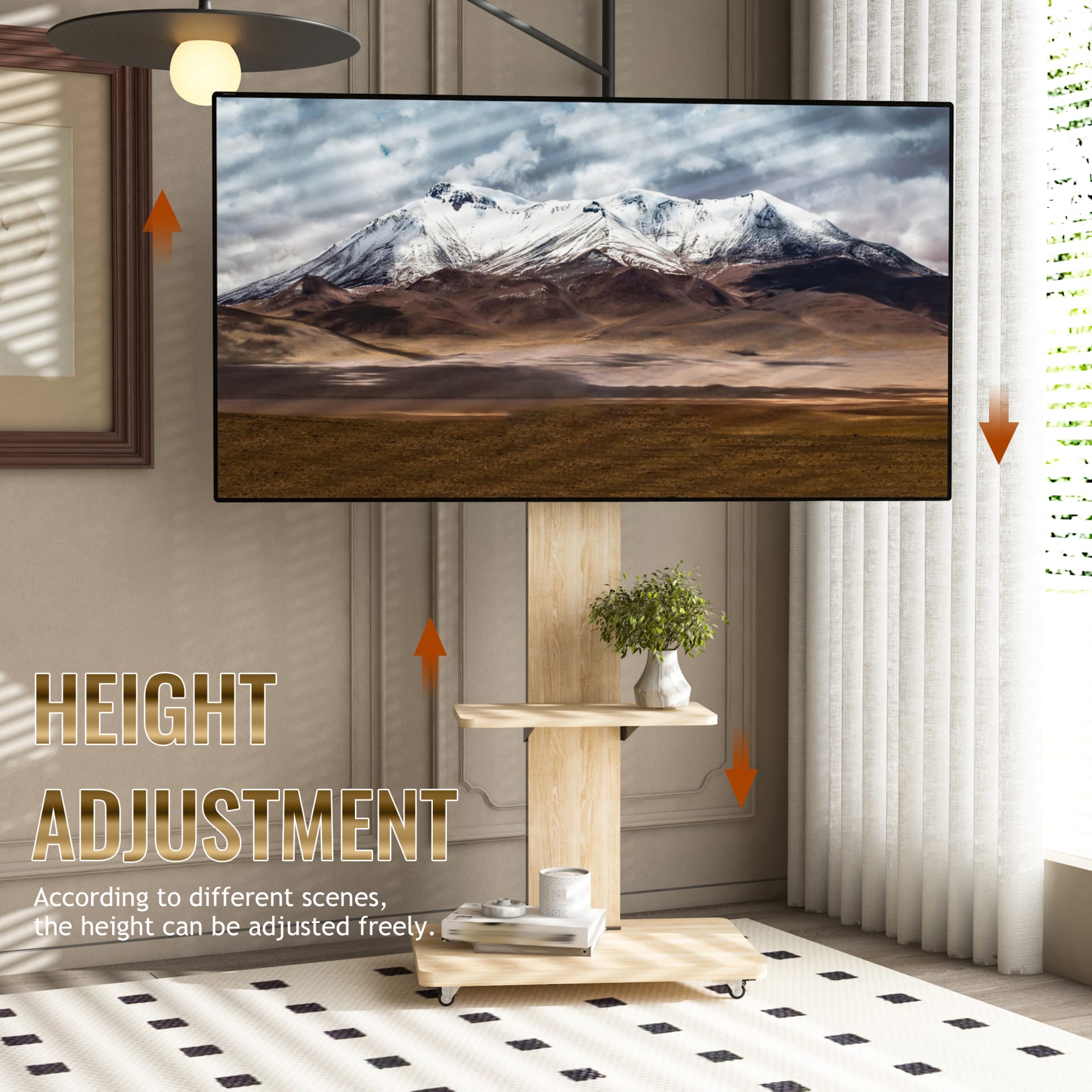 TV Stand With Shelf For Living Room, Bedroom,Offices,Mobile TV Cart For 32-75 Inches,Floor Stand With Mount On Lockable Wheels,Natural view 4