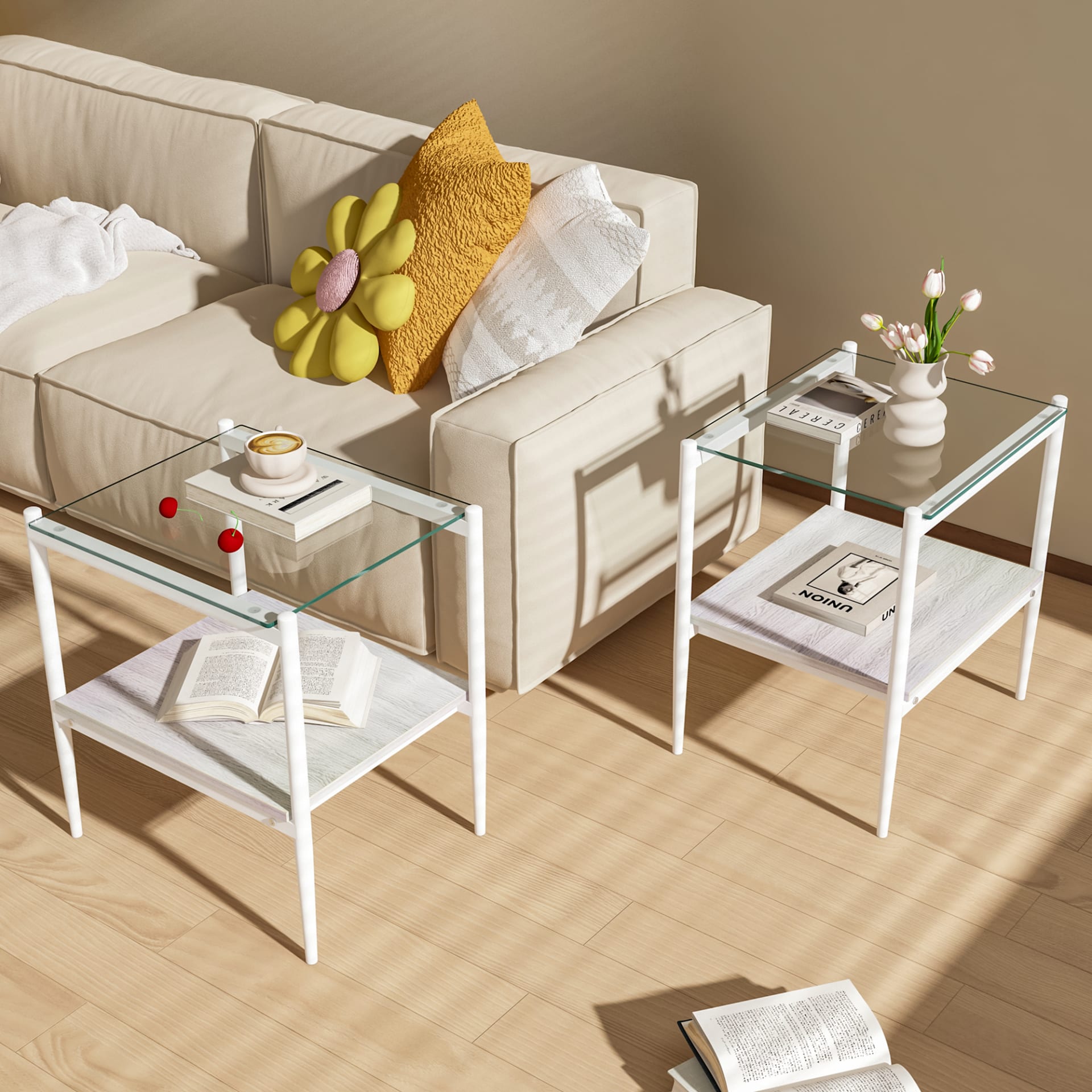 Set Of 2 Rectangle End Table, Tempered Glass Tabletop With MDF Layer, Modern Table For Living Room , Transparent Glass