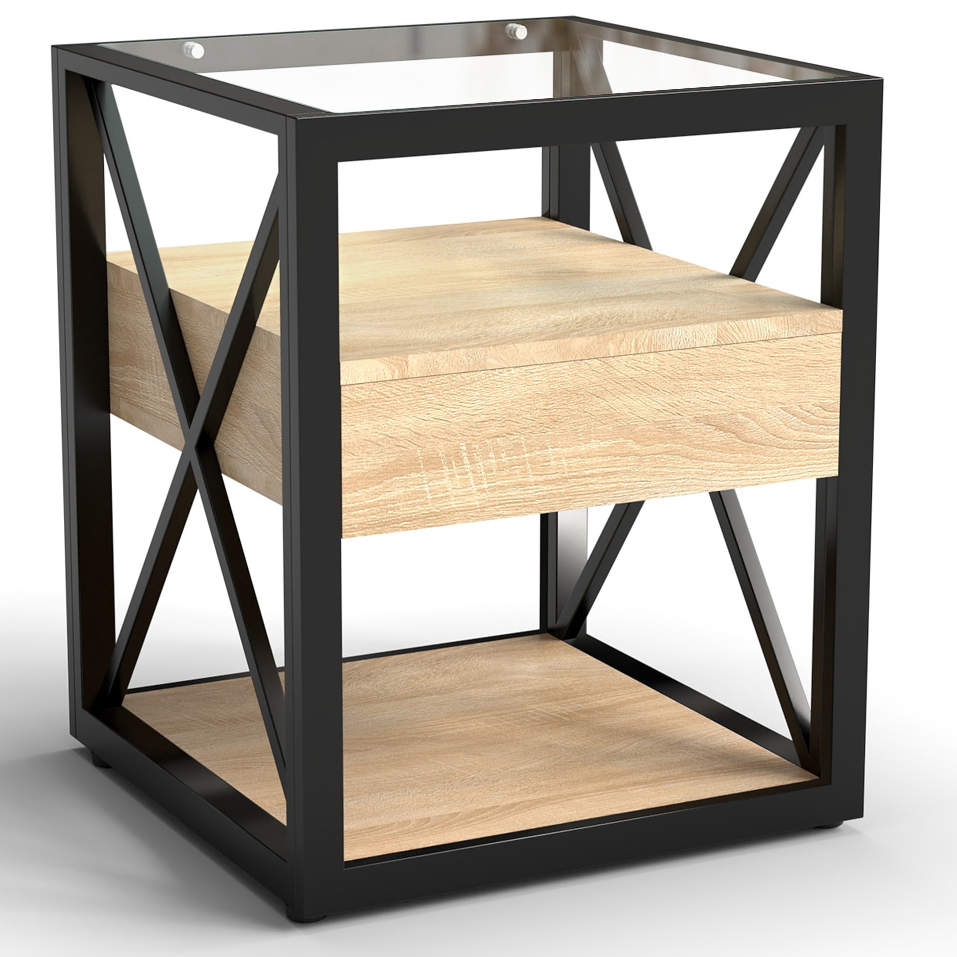 1 Piece Modern End Table With Drawer - Nightstand For Bedroom & Living Room, Natural Wood MDF & Tempered Glass Top, Industrial Style Side Table view 5