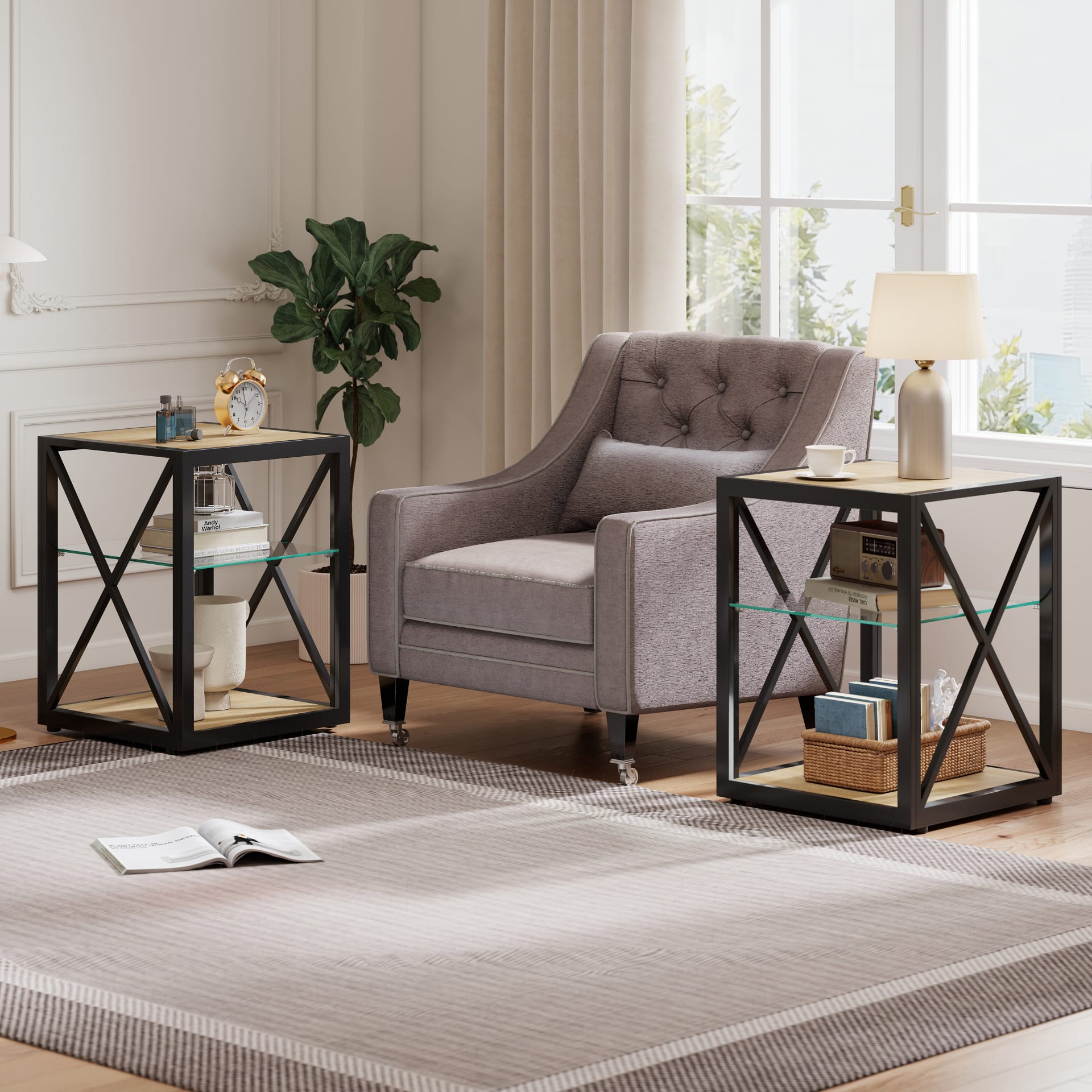 Set Of 2 Modern End Table Nightstand For Bedroom & Living Room, Tempered Glass & Natural Wood MDF Top , Industrial Style Side Table view 4