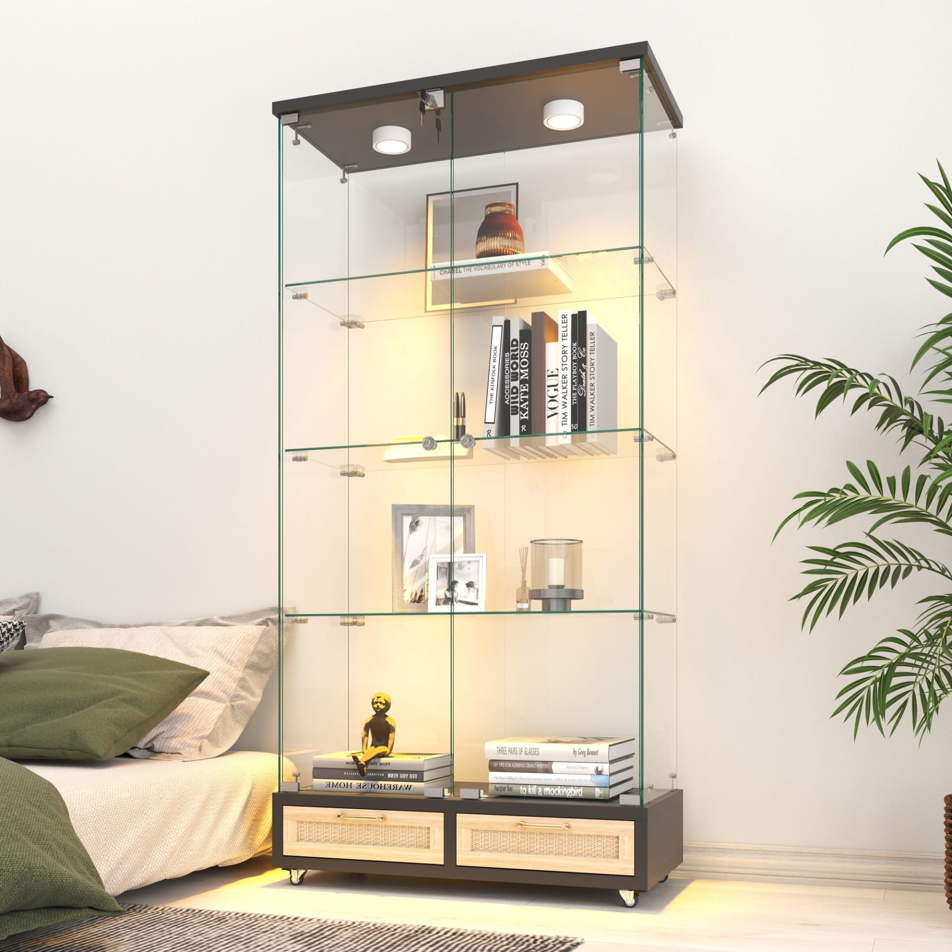 Modern Glass Display Cabinet With Large Drawers,Quick-assembly Antique Cabinet With LED Lights,Tempered Glass Bookshelf,2-Door Storage Case With 4 Shelves For Living Room And Bedroom,black And Natural view 4