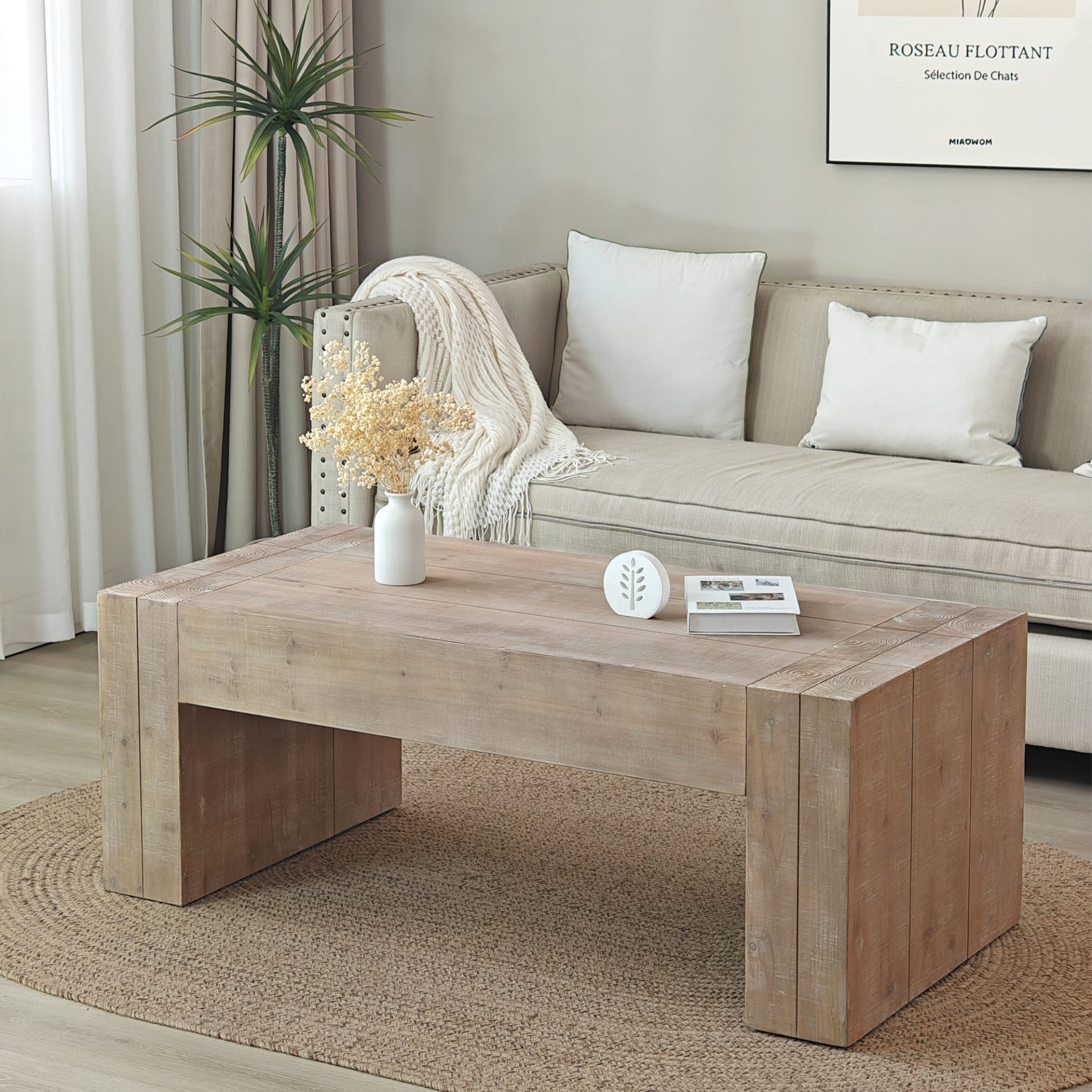 Rustic Wood Coffee Table, 49in Modern Farmhouse Rectangular Table For Living Room view 3
