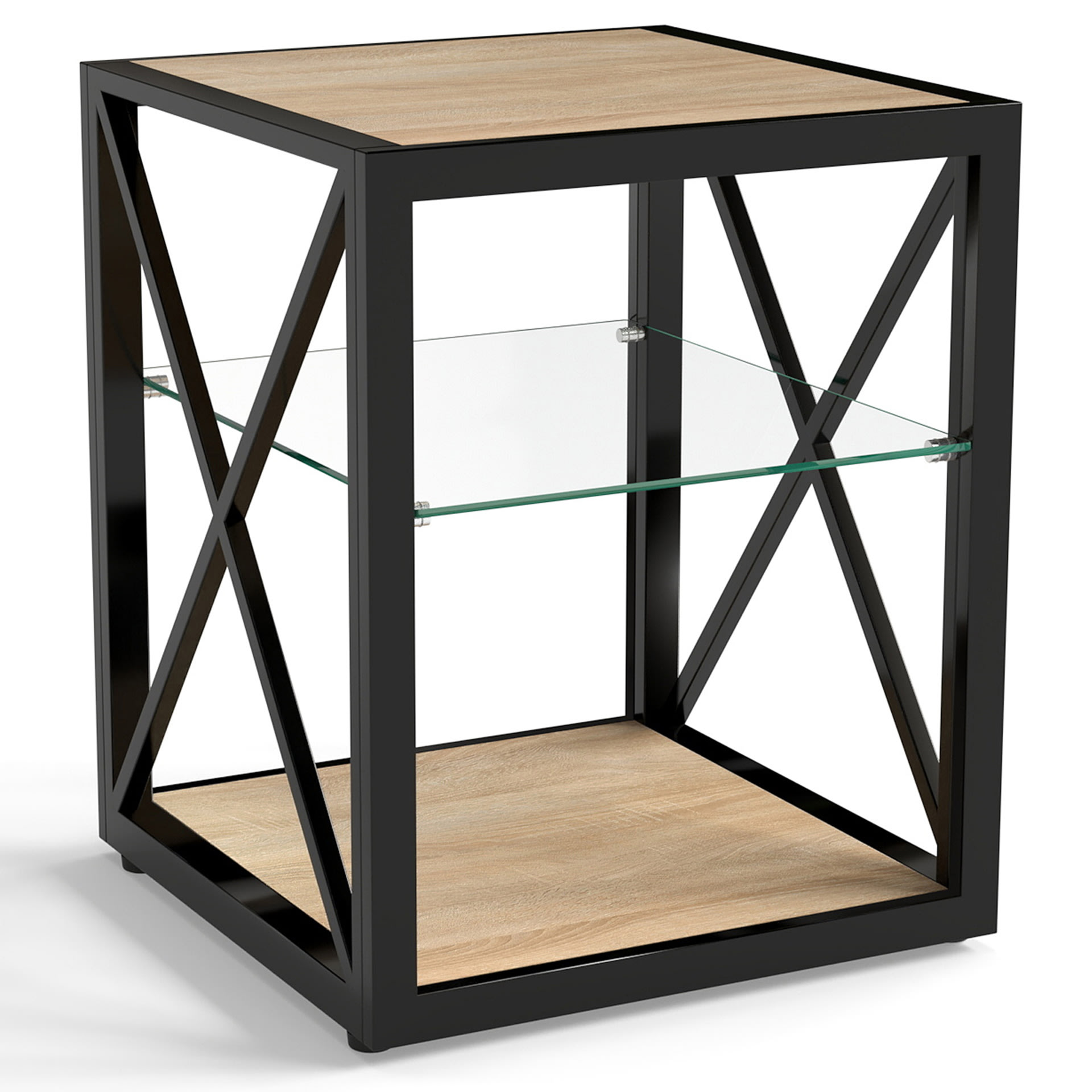 Set Of 2 Modern End Table Nightstand For Bedroom & Living Room, Tempered Glass & Natural Wood MDF Top , Industrial Style Side Table view 2