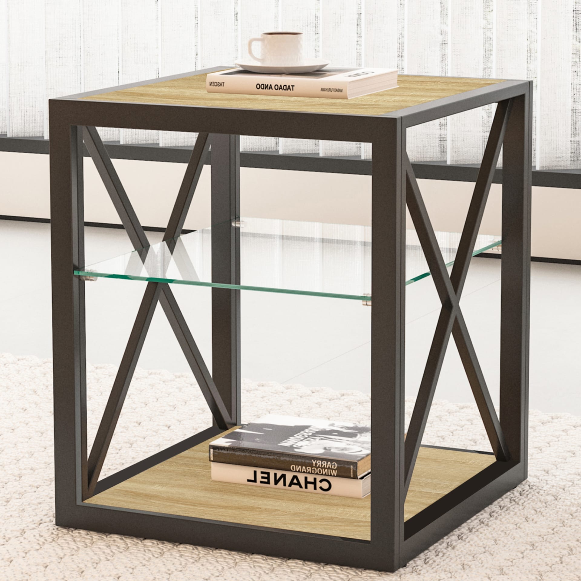 Set Of 2 Modern End Table Nightstand For Bedroom & Living Room, Tempered Glass & Natural Wood MDF Top , Industrial Style Side Table view 3