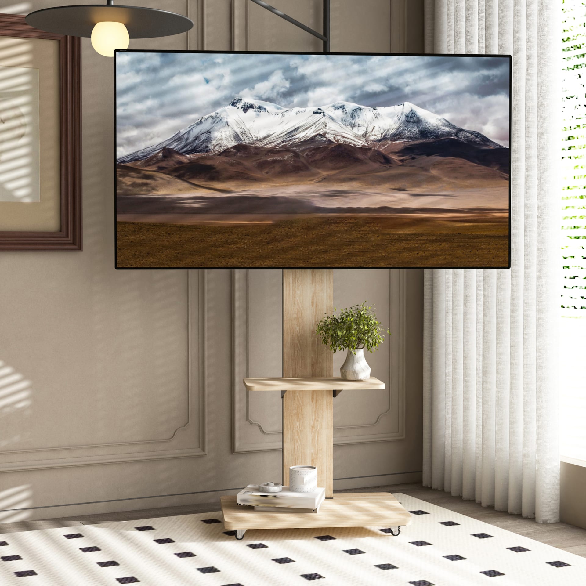 TV Stand With Shelf For Living Room, Bedroom,Offices,Mobile TV Cart For 32-75 Inches,Floor Stand With Mount On Lockable Wheels,Natural view 3