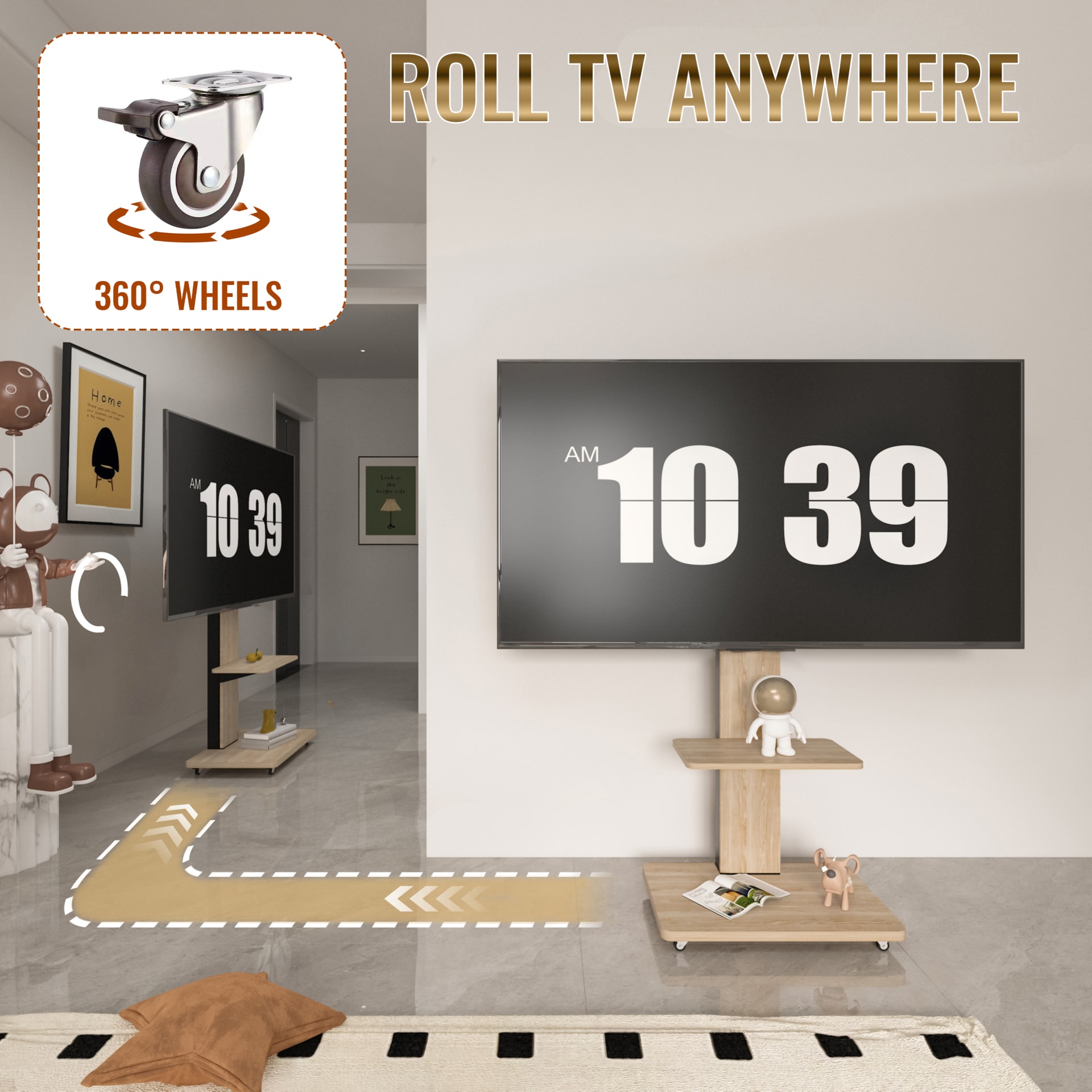 TV Stand With Shelf For Living Room, Bedroom,Offices,Mobile TV Cart For 32-75 Inches,Floor Stand With Mount On Lockable Wheels,Natural view 5