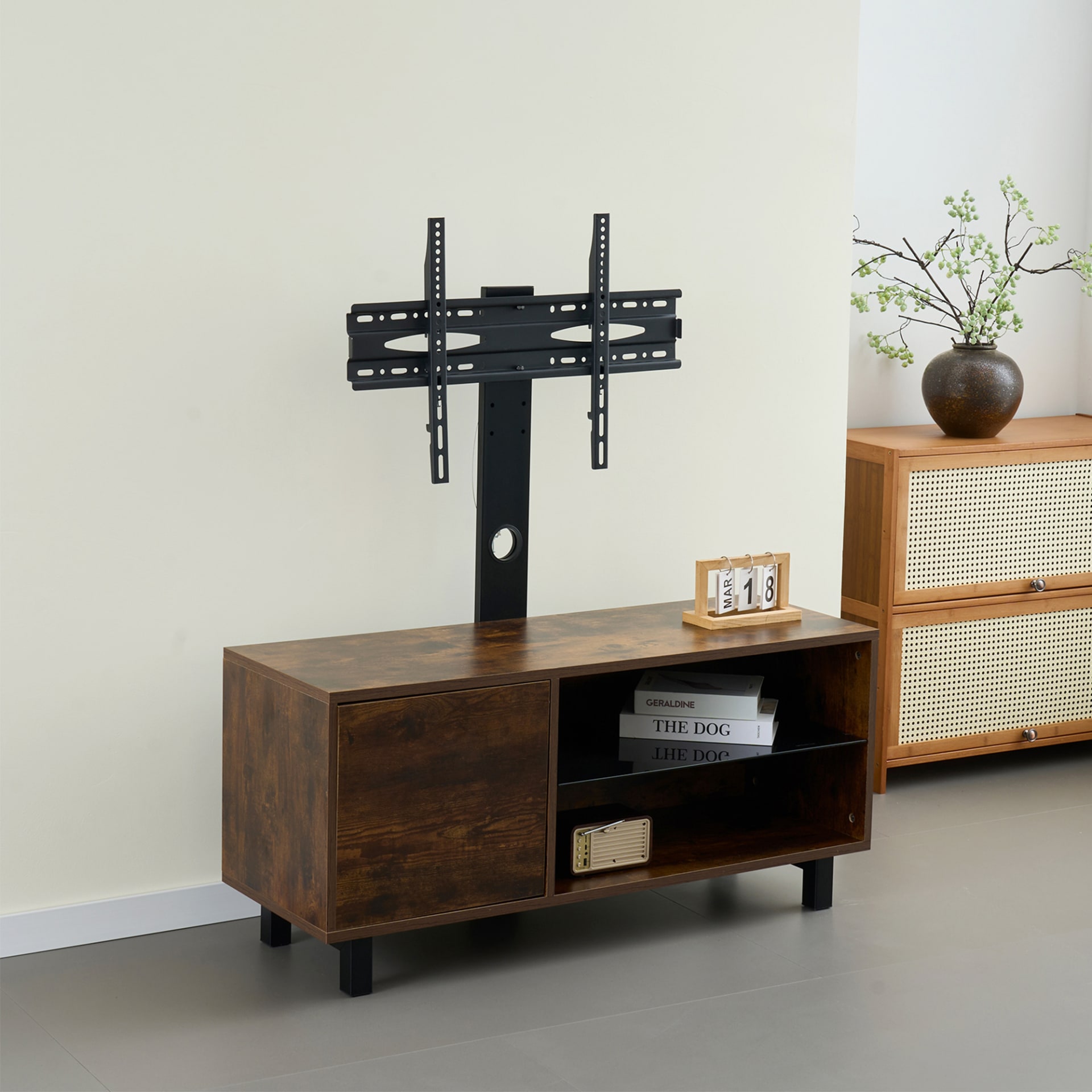 Rustic Brown TV Console With Push-to-open Storage Cabinet For TV Up To 65in Wood &glass TV Stand For Living Room Bedroom view 4