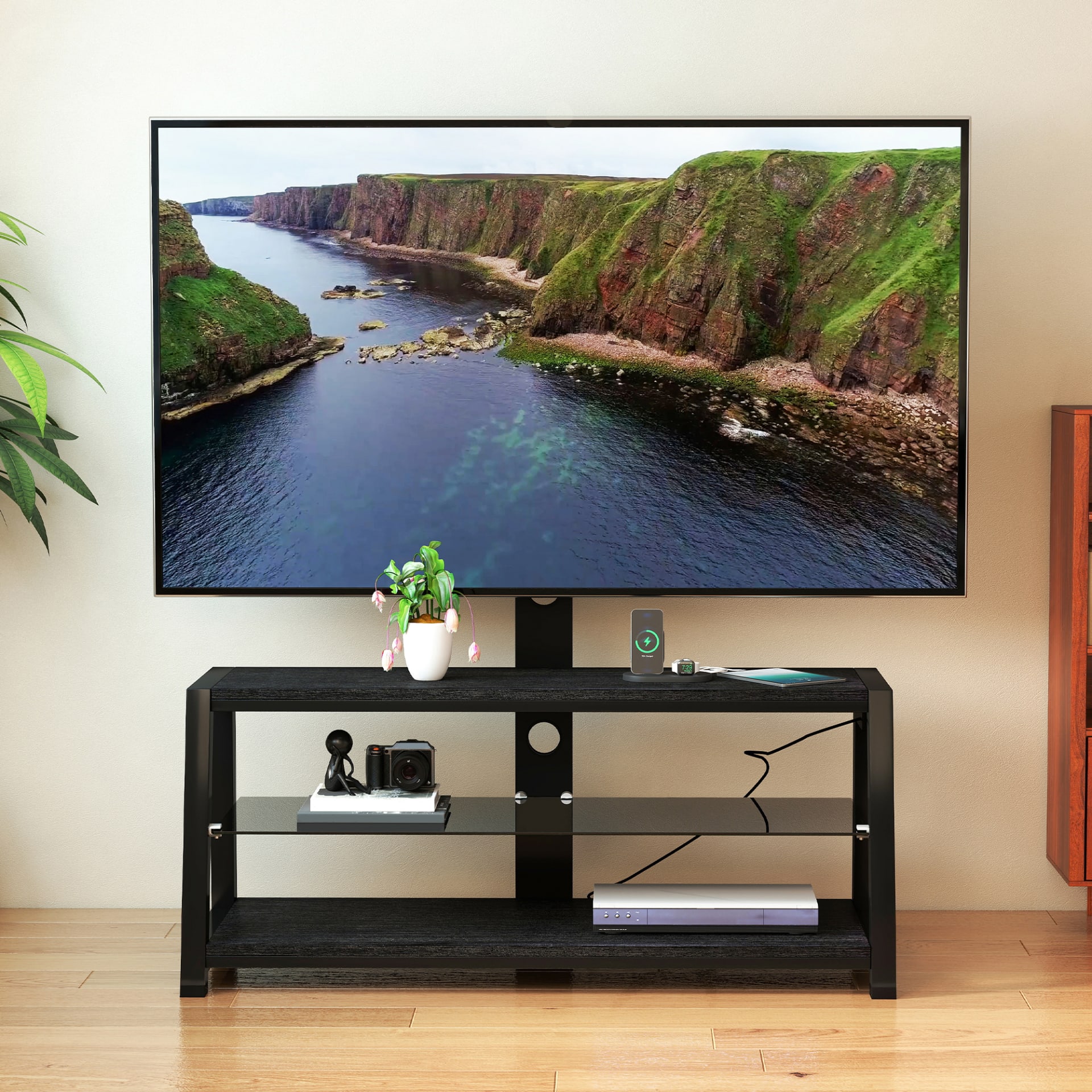 Wooden Storage TV Stand Black Tempered Glass Height Adjustable Universal Swivel Entertainment Center With Mount TV Stand,black view 3