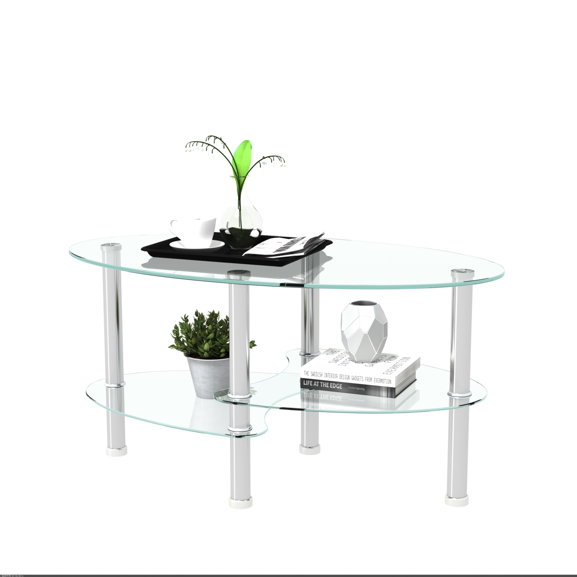 Transparent Oval Glass Coffee Table, Modern Table With Stainless Steel  Leg, Tea Table 3-layer Glass Table For Living Room view 4
