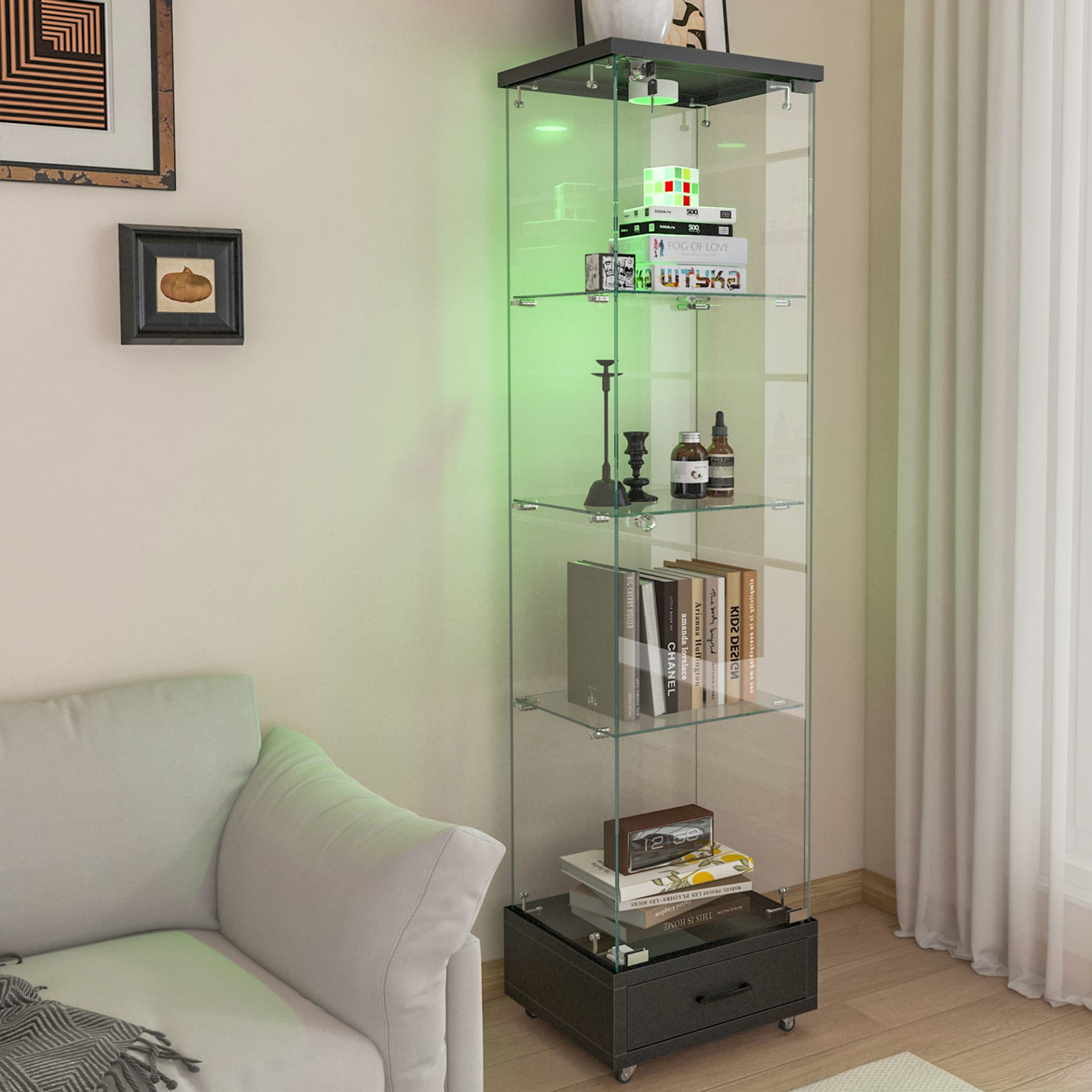 Modern Glass Display Cabinet With Drawer , Quick-assembly Antique Cabinet With LED Lights, Tempered Glass Bookshelf,  1-Door Storage Case With 4 Shelves  For Living Room And Bedroom, Black view 5