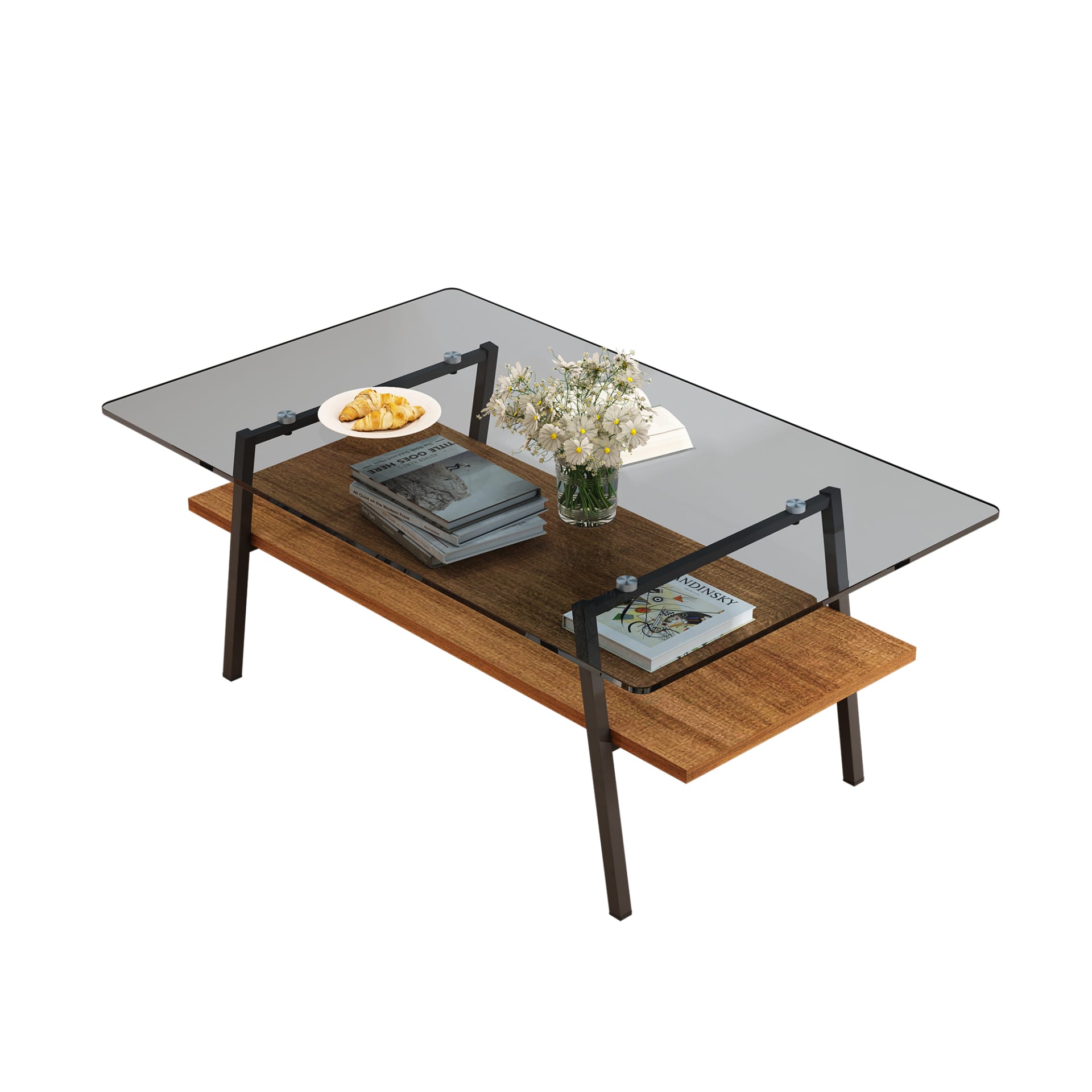 Rectangle Coffee Table, Tempered Glass Tabletop With Black Metal Legs, Modern Table For Living Room , Gray Glass view 4