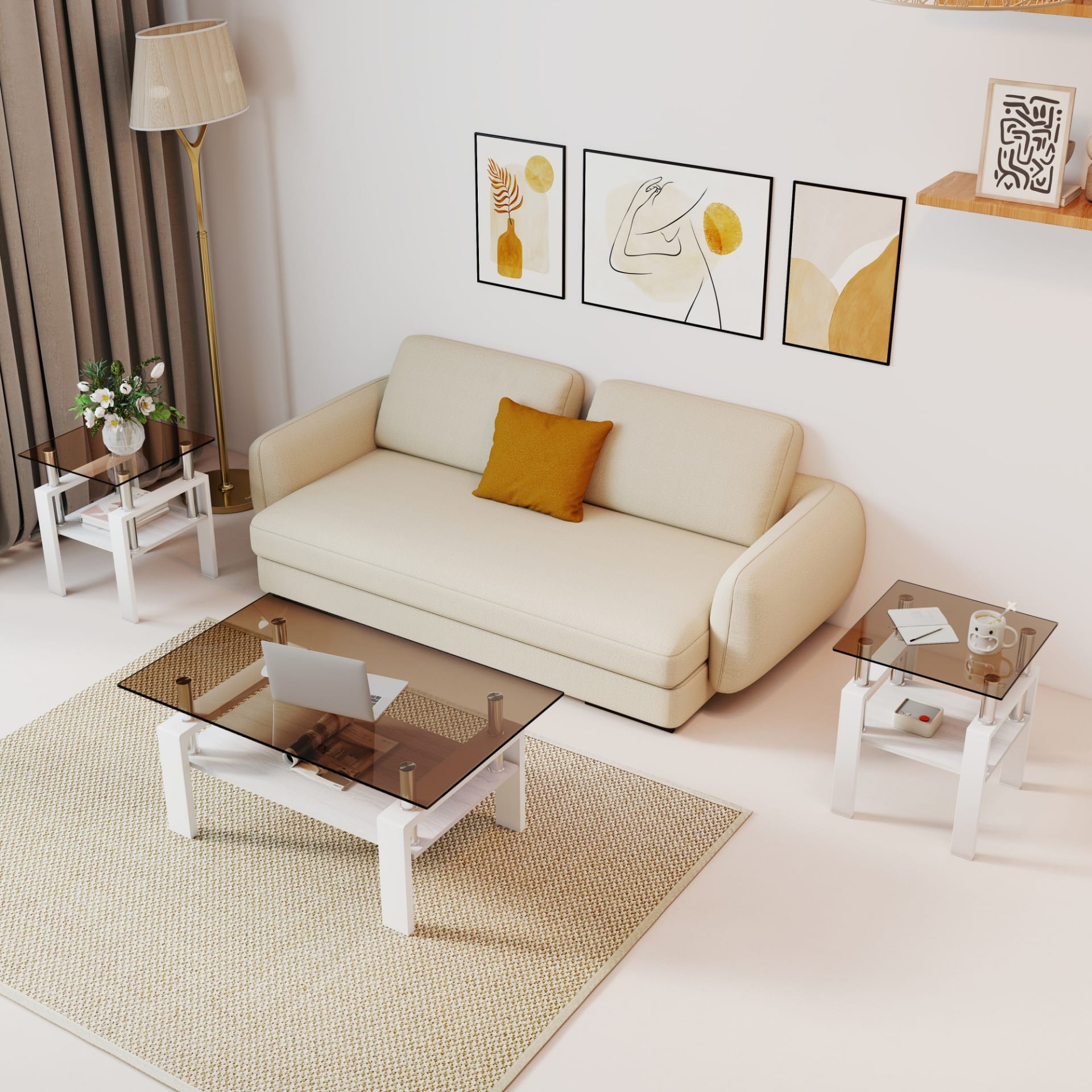 Set Of 2 Modern Tempered Glass Tea Table ,Tempered Glass Tabletop With MDF Layer,Coffee Table,End Table, Square Table For Living Room, Brown White view 2