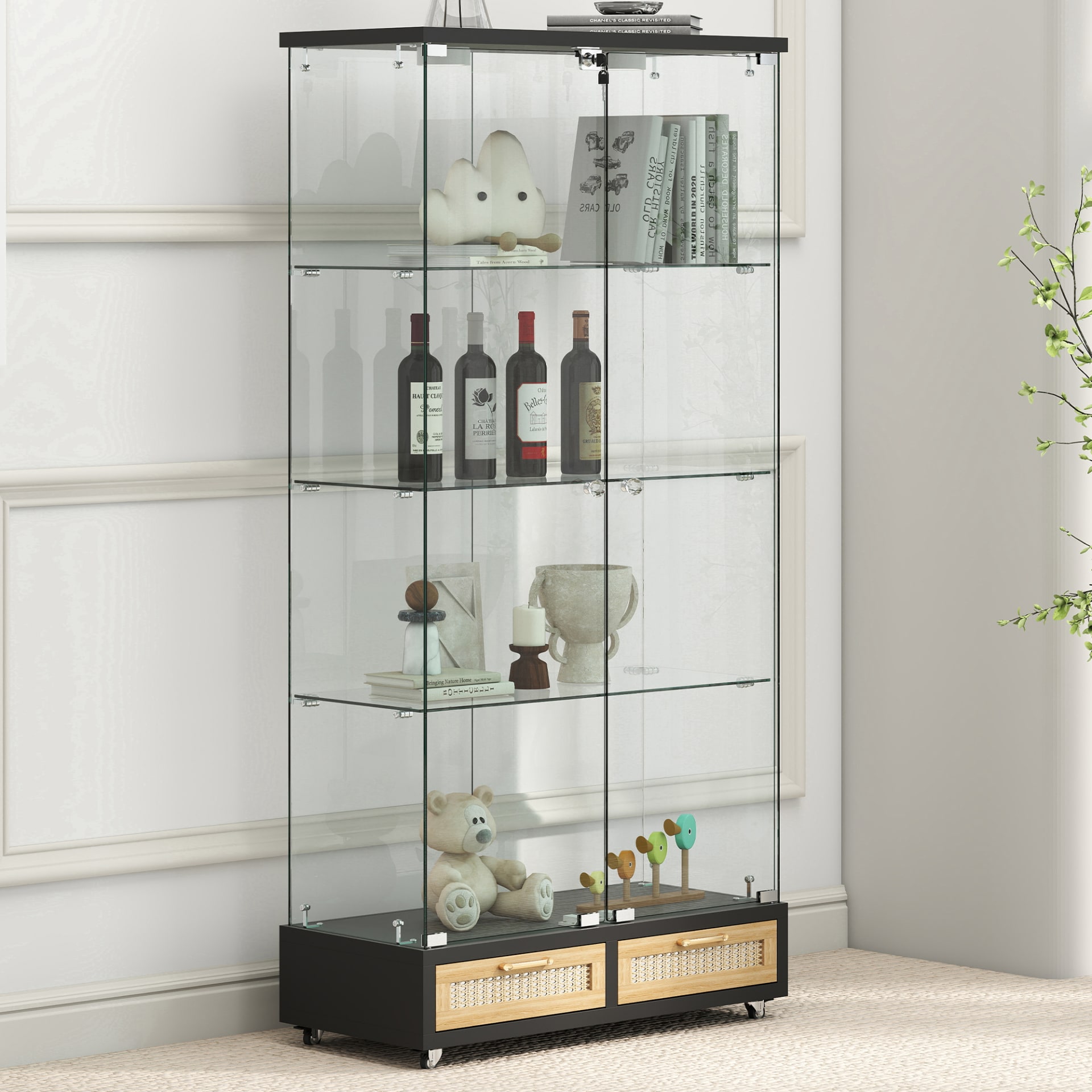 Modern Glass Display Cabinet With Large Drawers,Quick-assembly Antique Cabinet With LED Lights,Tempered Glass Bookshelf,2-Door Storage Case With 4 Shelves For Living Room And Bedroom,black And Natural view 5