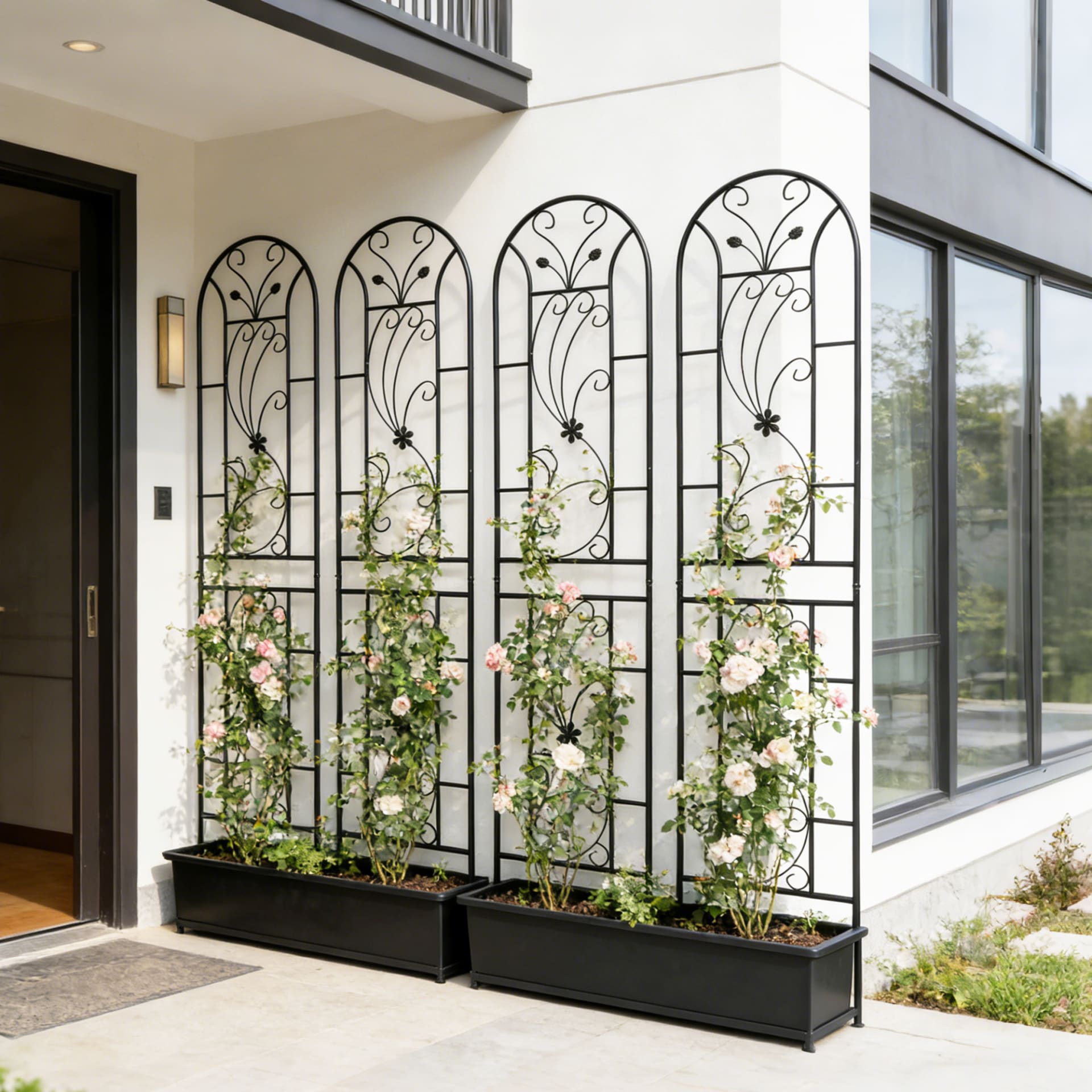 4 Pack Metal Garden Trellis 86.7  X 19.7  Rustproof Trellis For Climbing Plants Outdoor Flower Support Peacock Style Black view 2