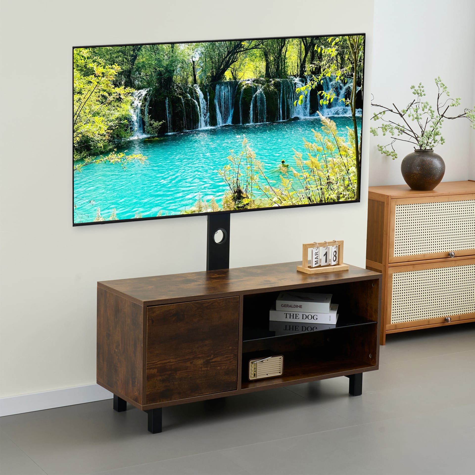 Rustic Brown TV Console With Push-to-open Storage Cabinet For TV Up To 65in Wood &glass TV Stand For Living Room Bedroom view 2