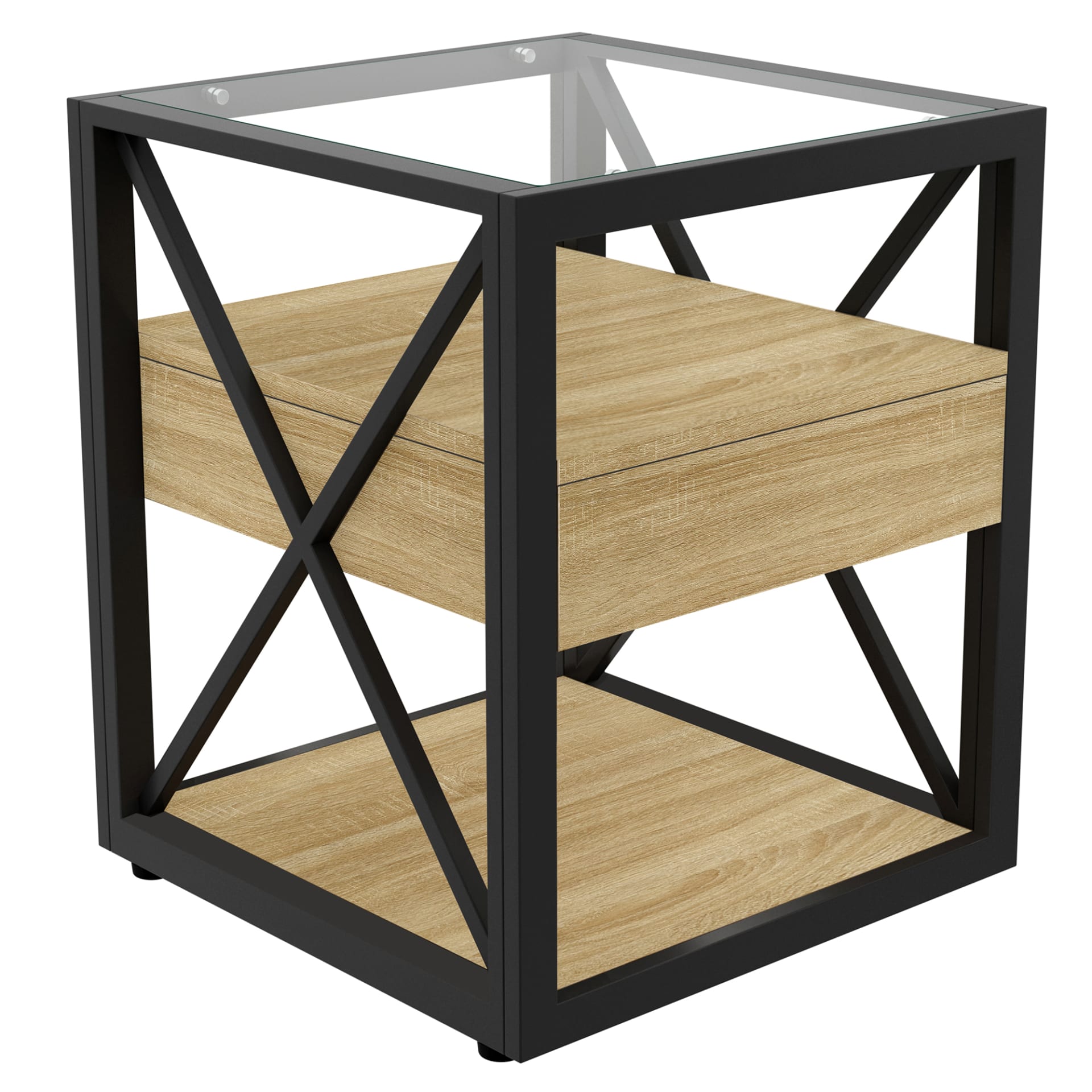 1 Piece Modern End Table With Drawer - Nightstand For Bedroom & Living Room, Natural Wood MDF & Tempered Glass Top, Industrial Style Side Table view 3