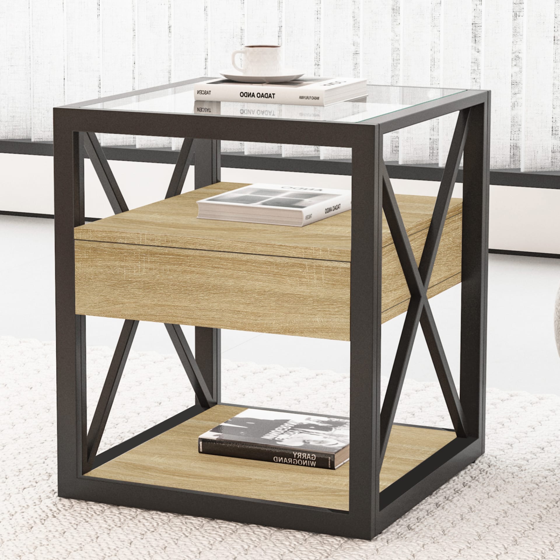 1 Piece Modern End Table With Drawer - Nightstand For Bedroom & Living Room, Natural Wood MDF & Tempered Glass Top, Industrial Style Side Table view 2