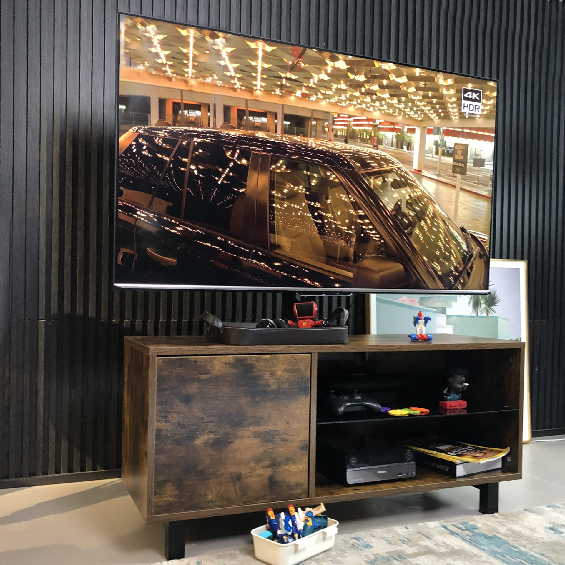 Rustic Brown TV Console With Push-to-open Storage Cabinet For TV Up To 65in Wood &glass TV Stand For Living Room Bedroom view 5