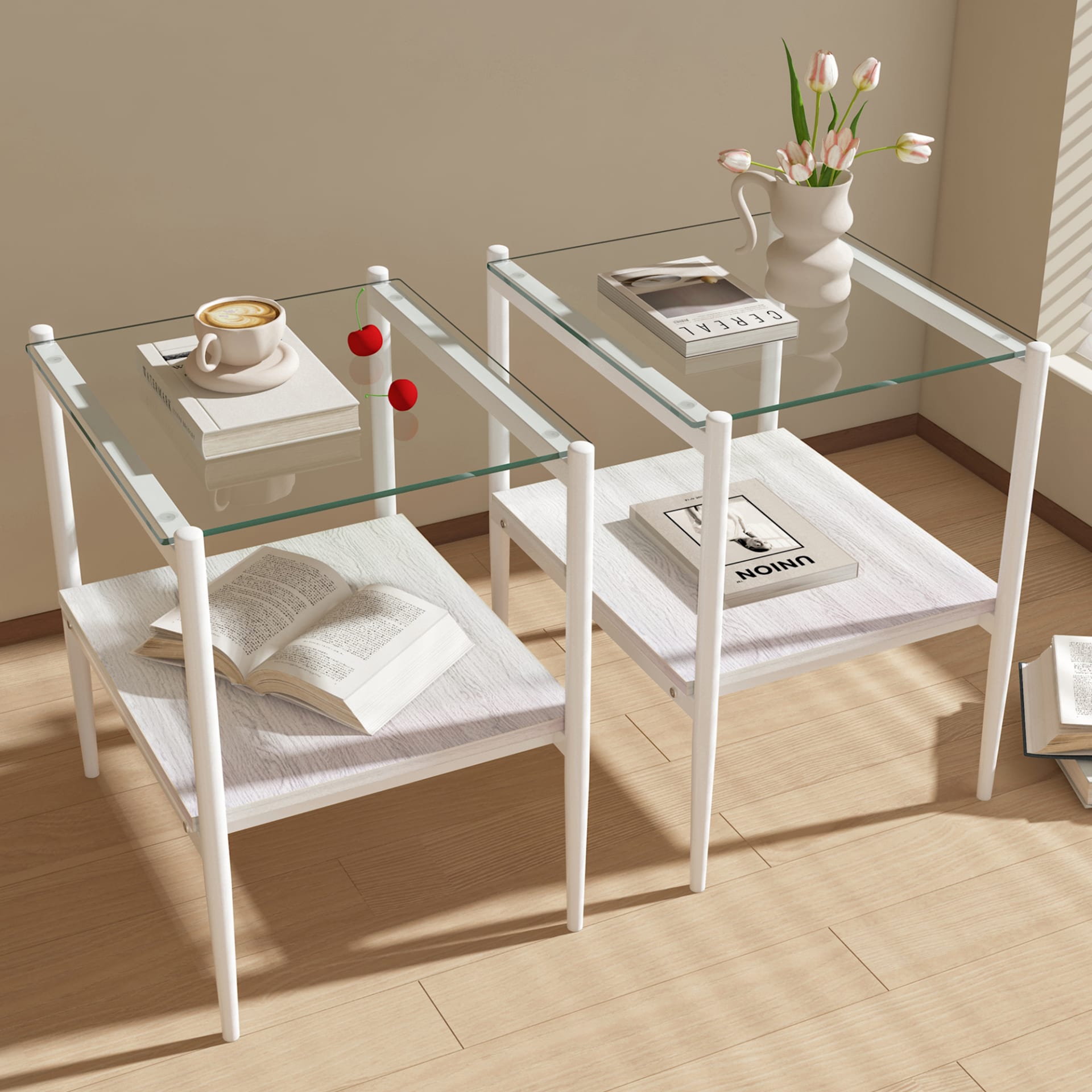 Set Of 2 Rectangle End Table, Tempered Glass Tabletop With MDF Layer, Modern Table For Living Room , Transparent Glass view 2