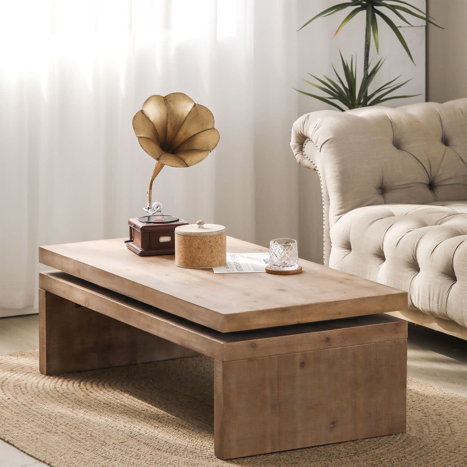 Modern Rustic Wood Coffee Table  Rectangular Living Room Center Table With Floating Top Design 47.6  L X 23.6  W X16.3  H view 3