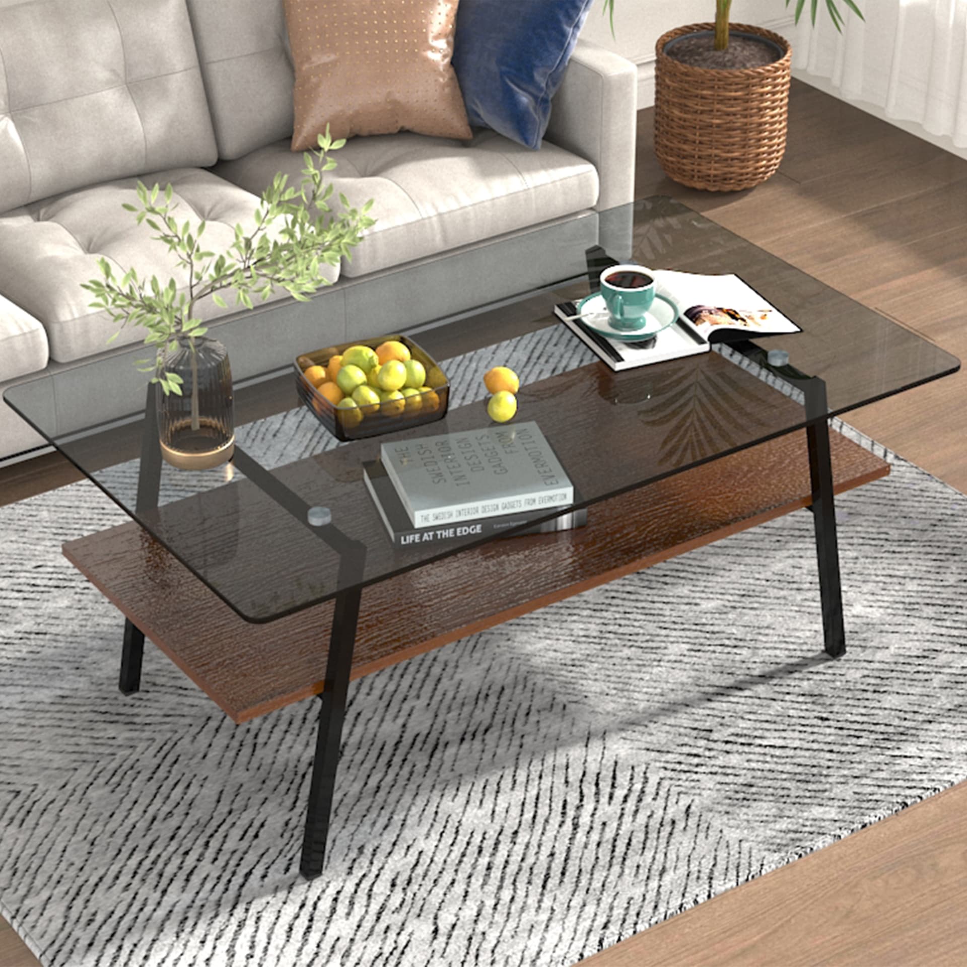 Rectangle Coffee Table, Tempered Glass Tabletop With Black Metal Legs, Modern Table For Living Room , Gray Glass view 2