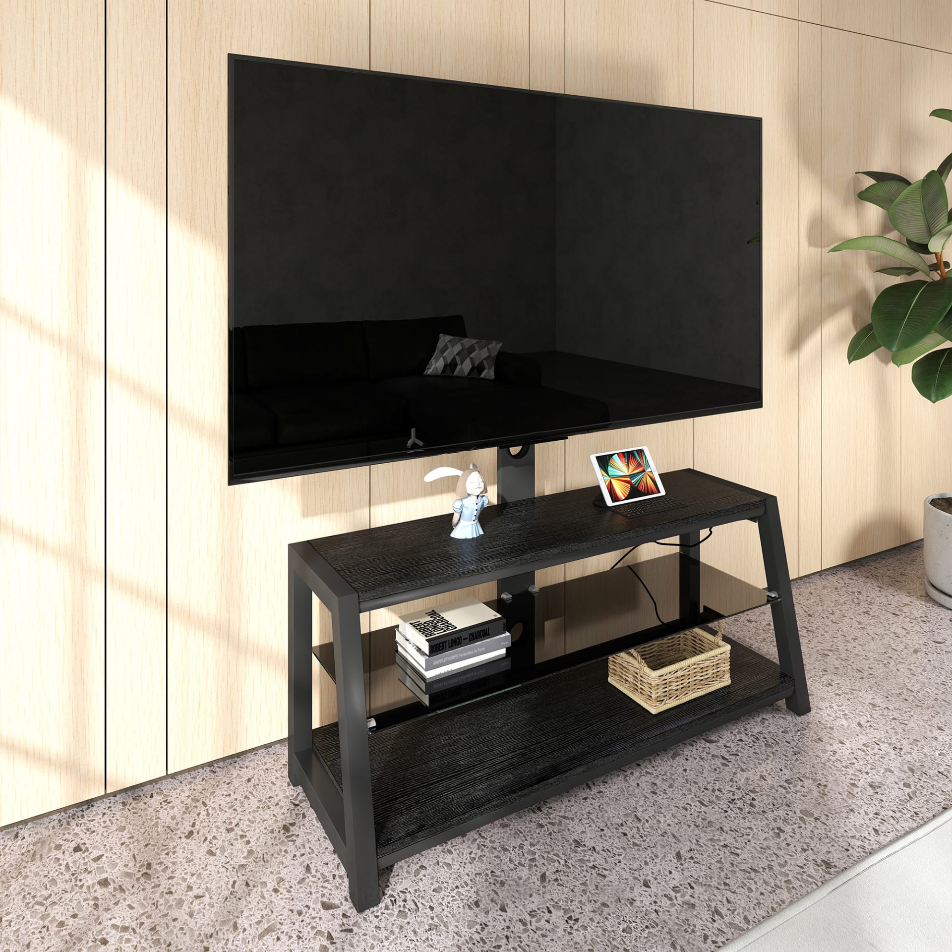 Wooden Storage TV Stand Black Tempered Glass Height Adjustable Universal Swivel Entertainment Center With Mount TV Stand,black view 2