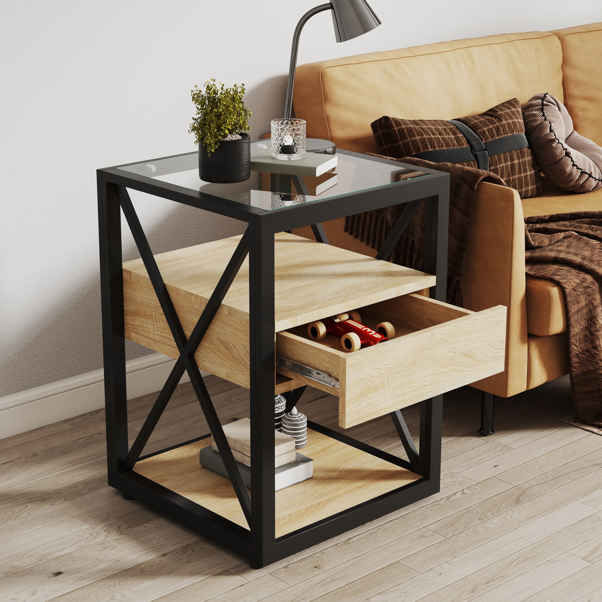 1 Piece Modern End Table With Drawer - Nightstand For Bedroom & Living Room, Natural Wood MDF & Tempered Glass Top, Industrial Style Side Table view 4